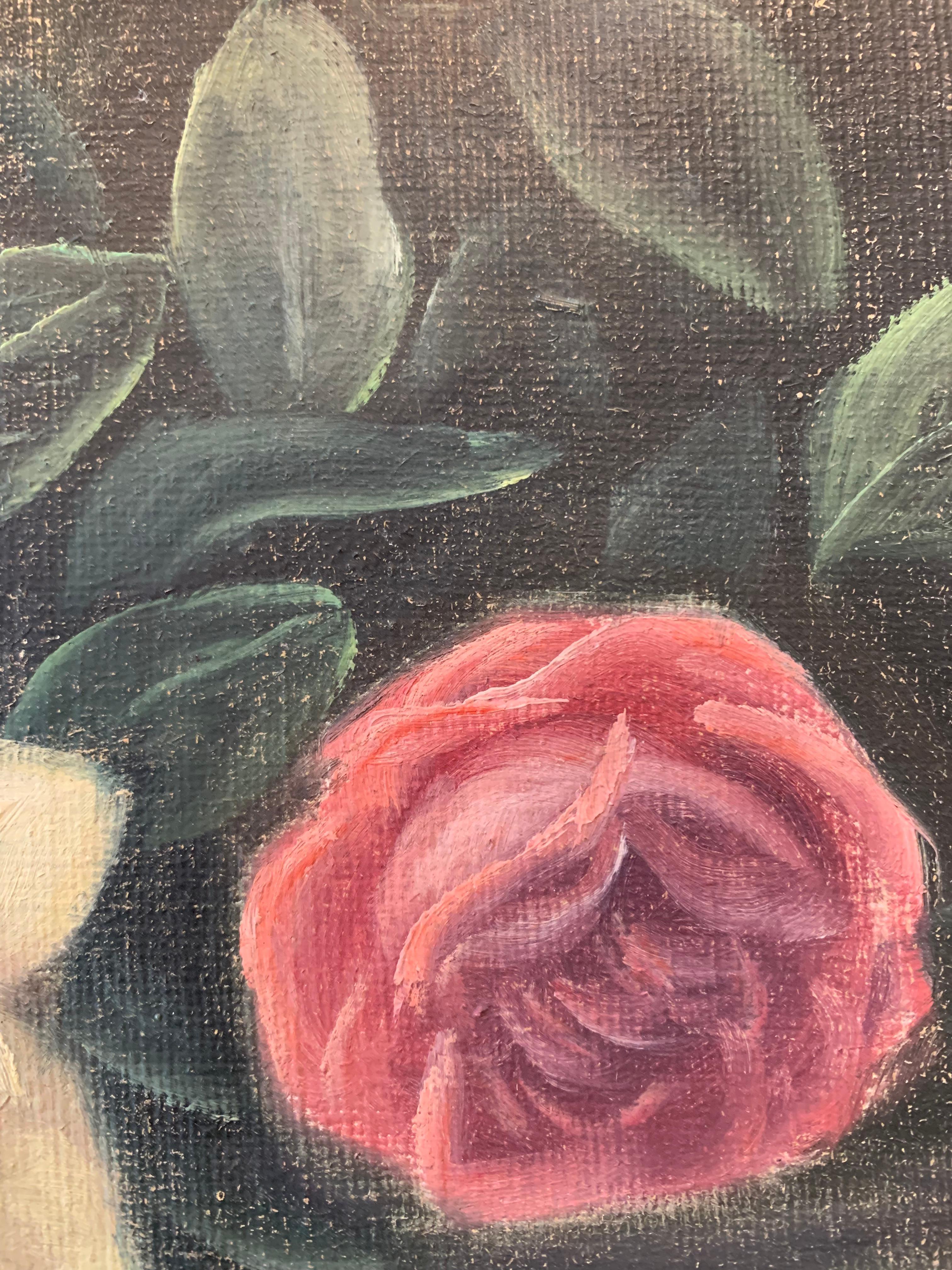 Antique early 20th century signed still life painting of red and white flowers In Good Condition For Sale In Ebberup, DK