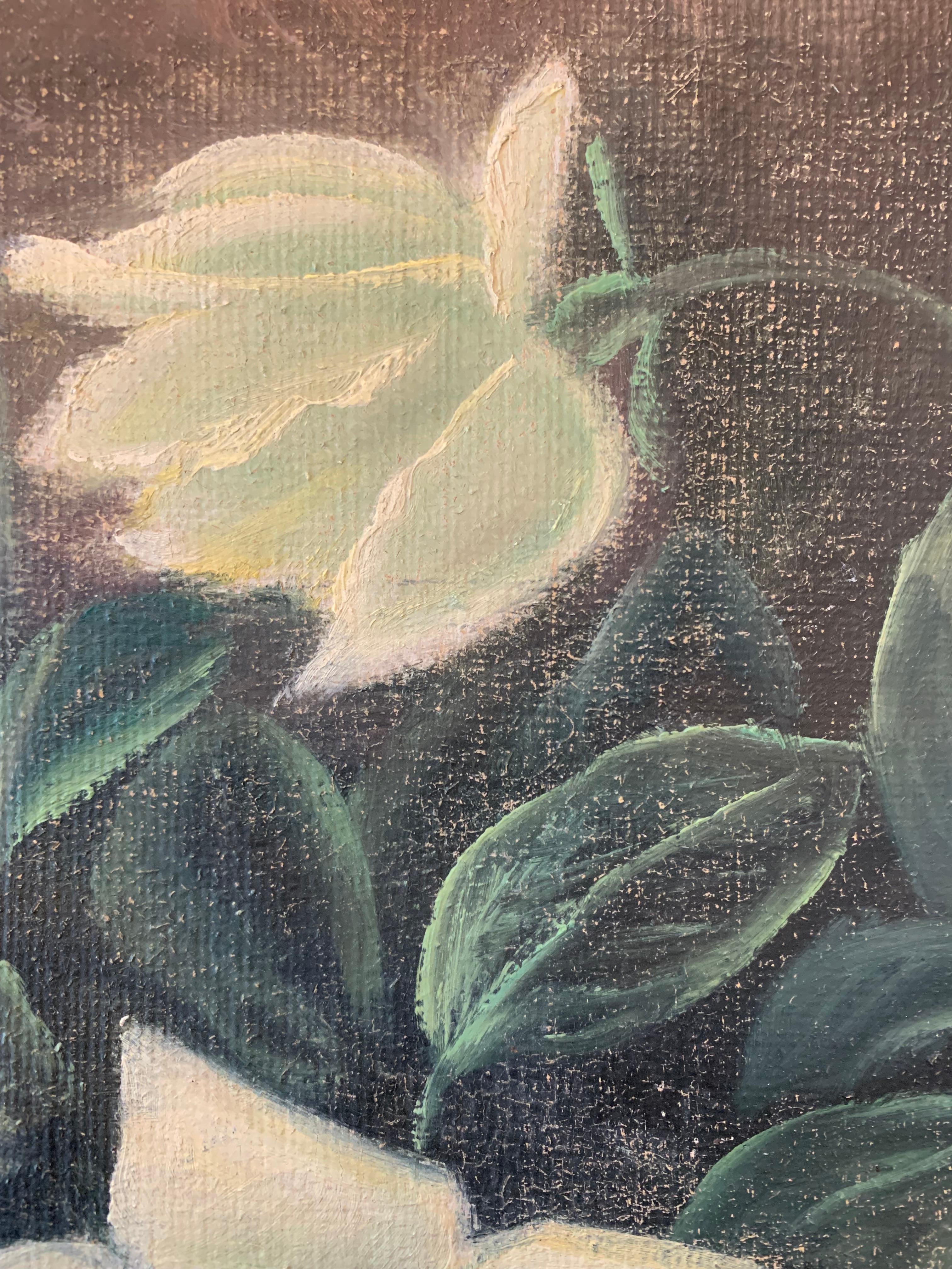 Canvas Antique early 20th century signed still life painting of red and white flowers For Sale