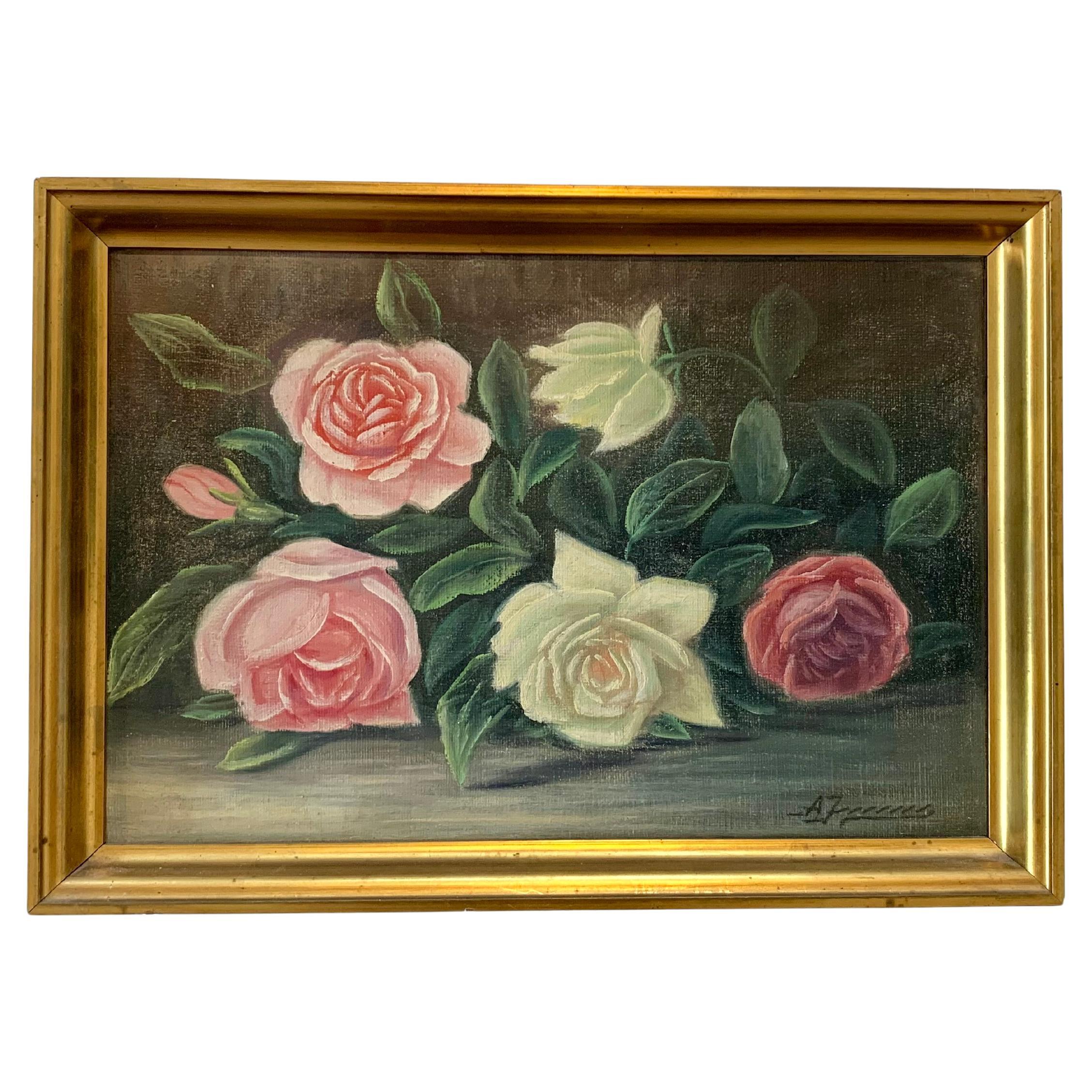 Antique early 20th century signed still life painting of red and white flowers For Sale