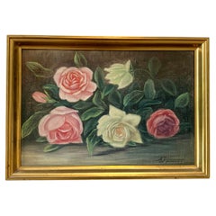 Antique early 20th century signed still life painting of red and white flowers