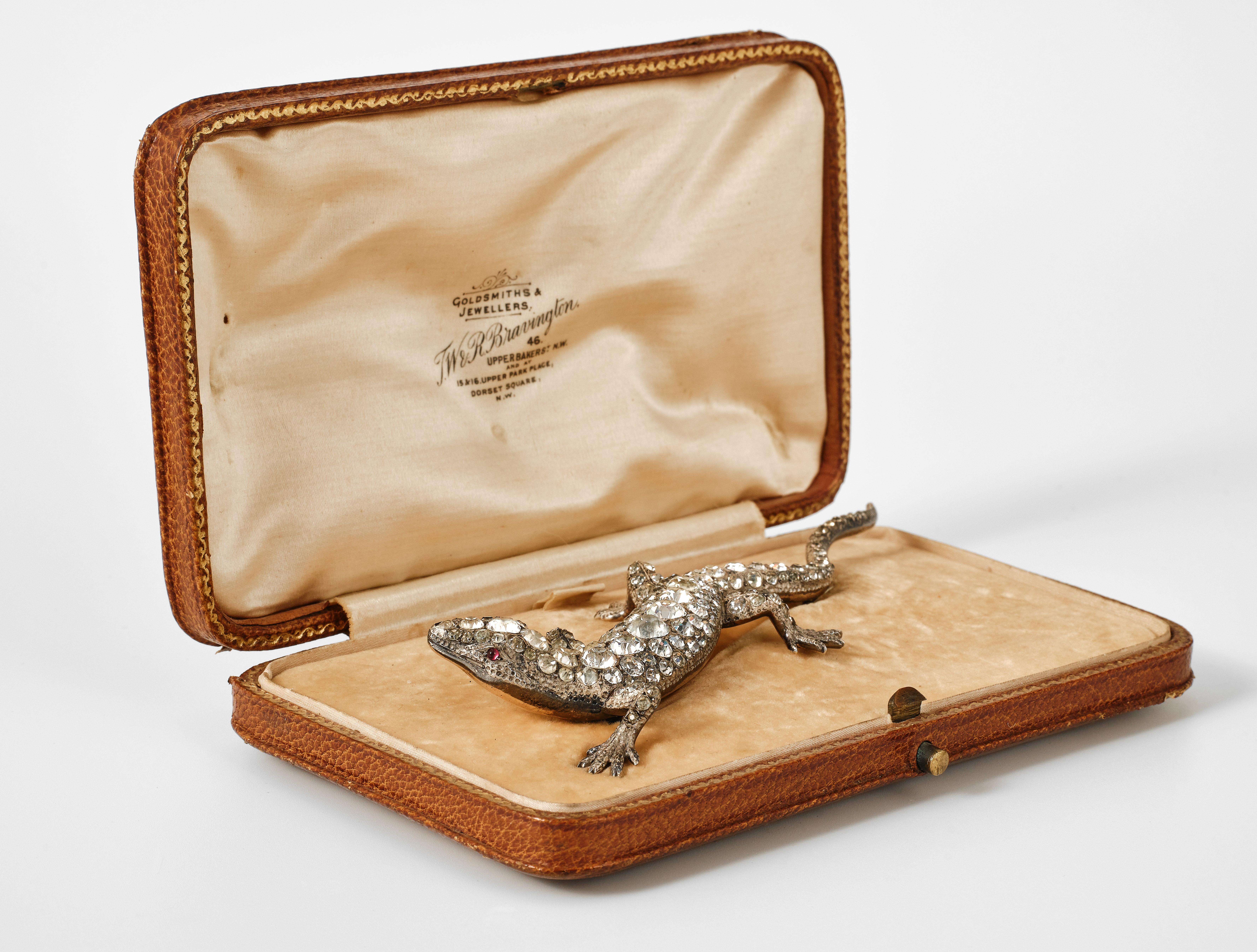 Women's or Men's Antique early 20th century silver and paste lizard salamander brooch For Sale
