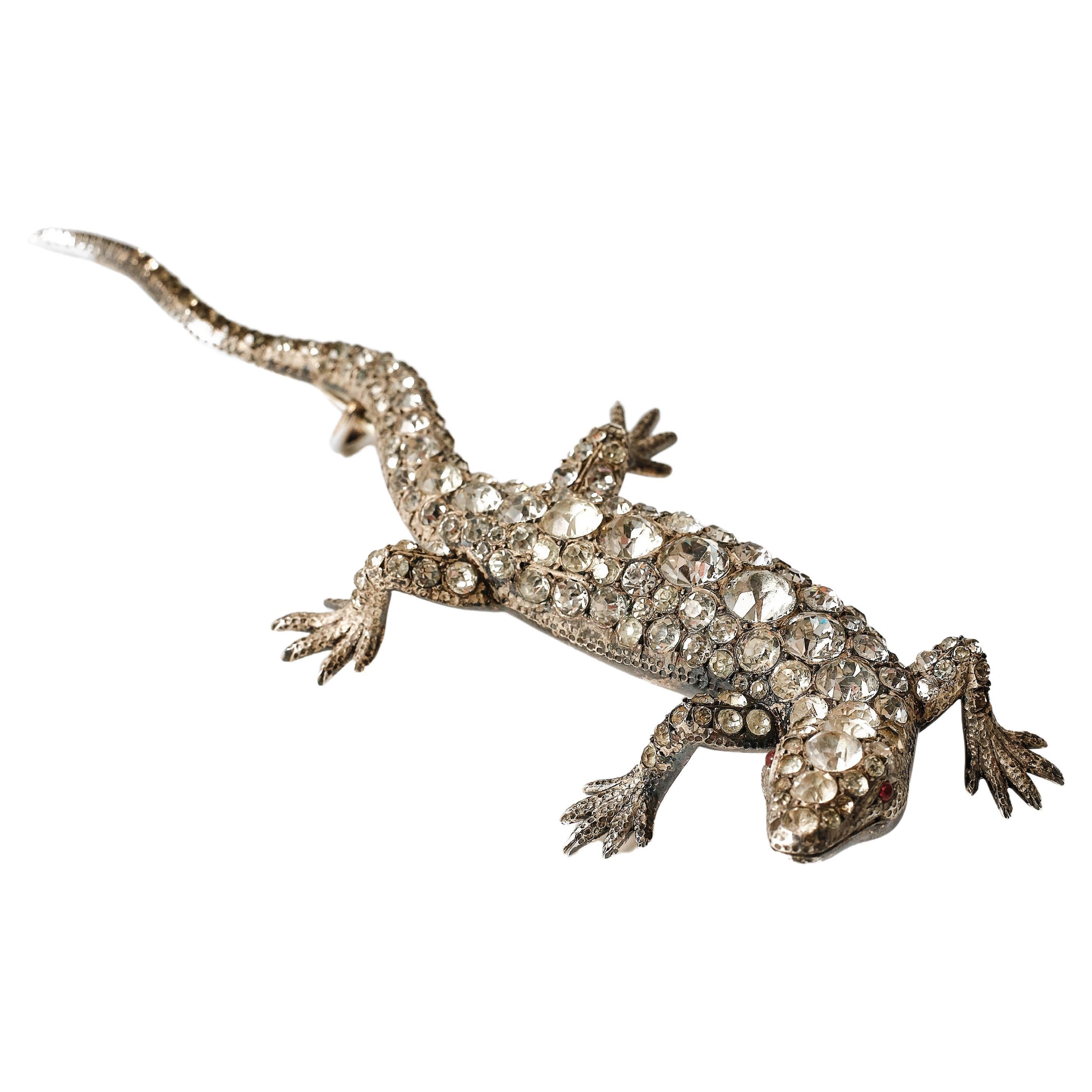 Antique early 20th century silver and paste lizard salamander brooch For Sale