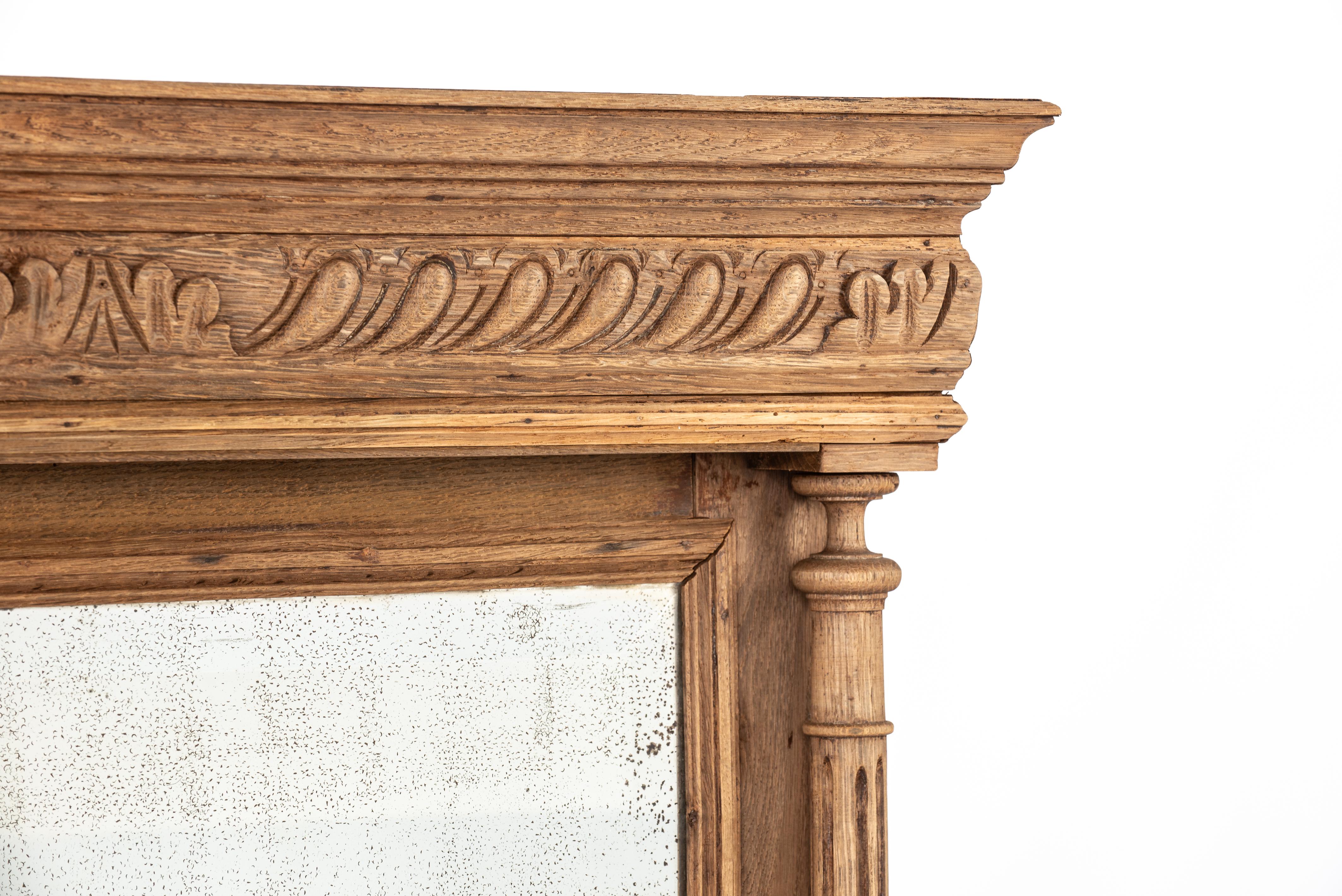 Beveled Antique early 20th century solid weathered oak French Henri Deux mirror  For Sale