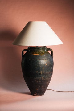 Antique Early 20th Century Turkish Blackened Glazed Terracotta Olive Jar Lamp