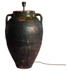 Antique Early 20th Century Turkish Blackened Glazed Terracotta Olive Jar Lamp