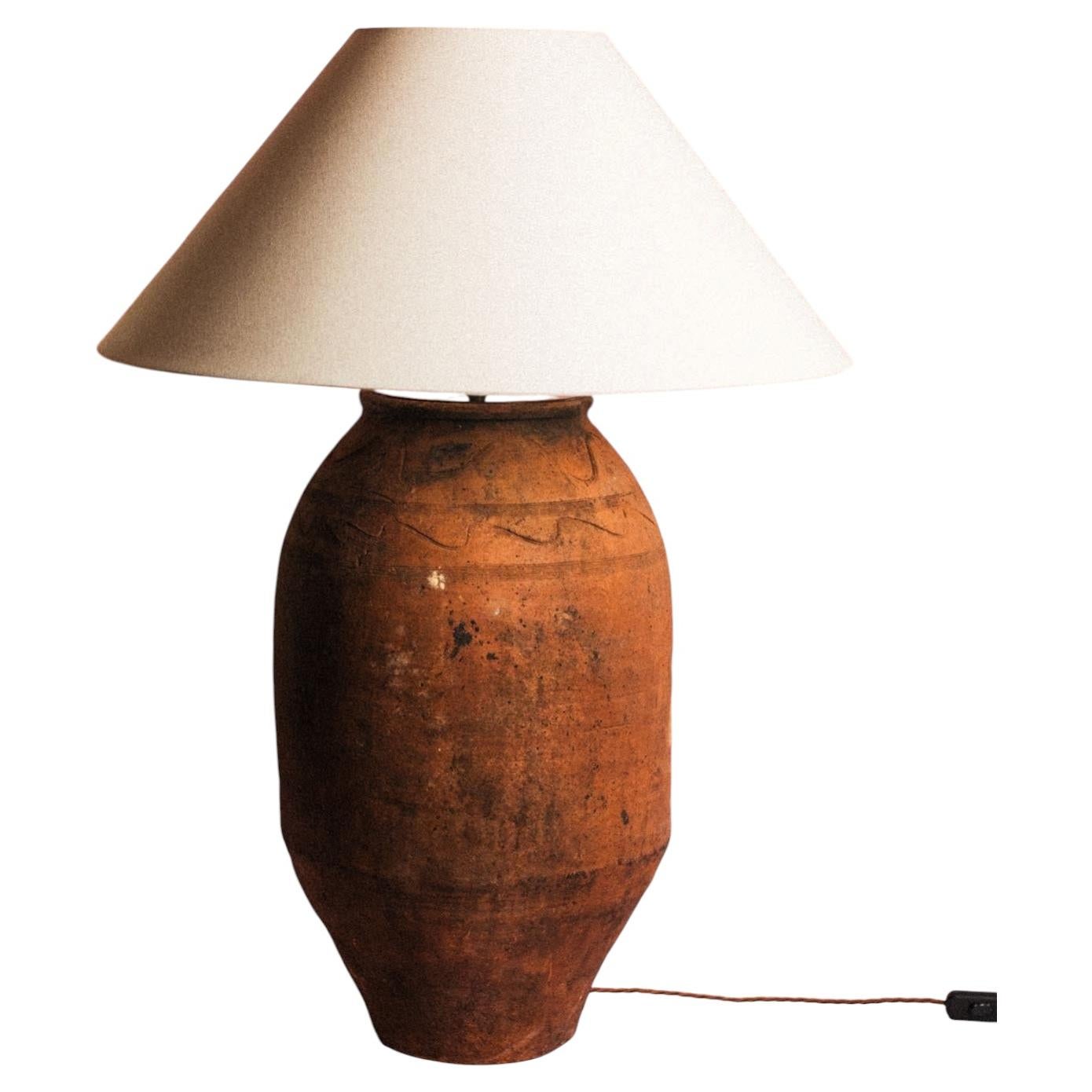 Antique Early 20th Century Turkish Carved Terracotta Olive Jar Table Lamp