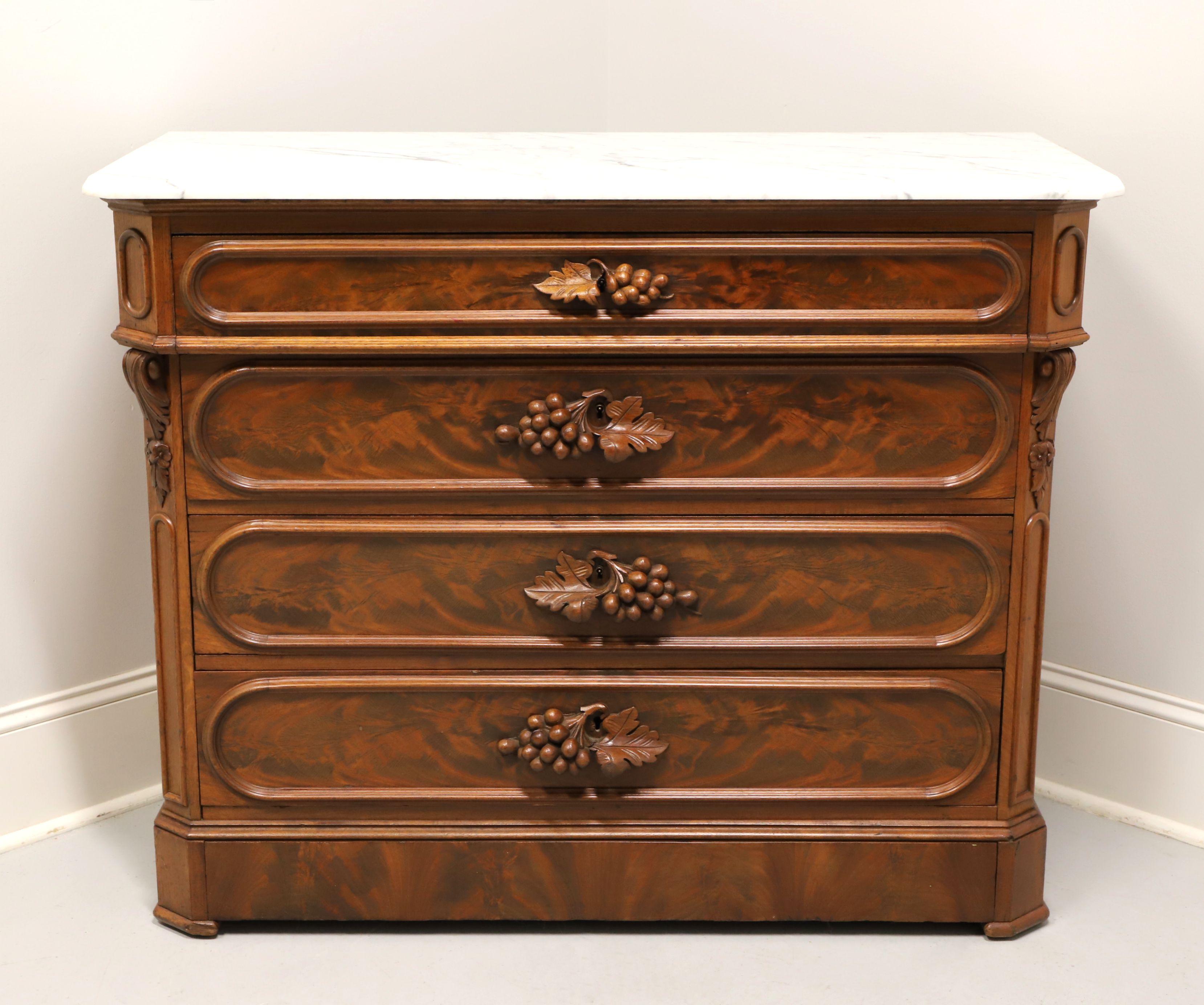 An antique Victorian style marble top four-drawer chest, unbranded. Walnut with burl walnut to drawer fronts, beveled edge marble top, decoratively carved wood handles, carved front corners, solid base and pad feet. Features a smaller upper drawer