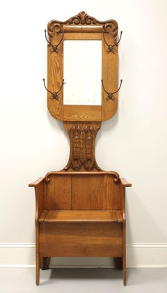 Antique Early 20th Century Victorian Oak Hall Tree with Bench