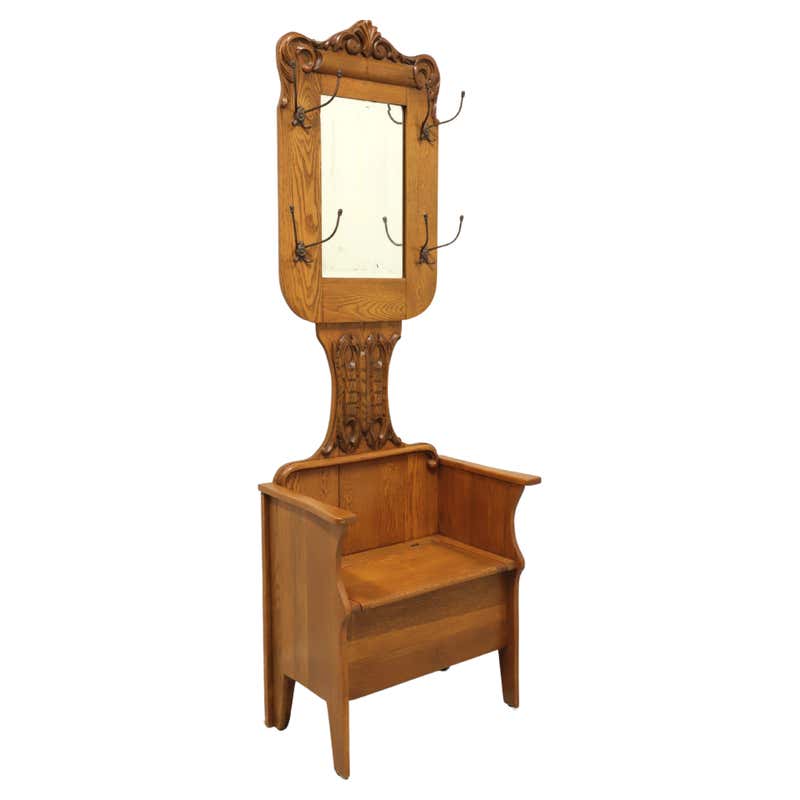 Antique Early 20th Century Victorian Oak Hall Tree with Bench at 1stDibs