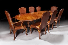Antique Early 20th Century Walnut Dining Table Set with 8 Leather Chairs