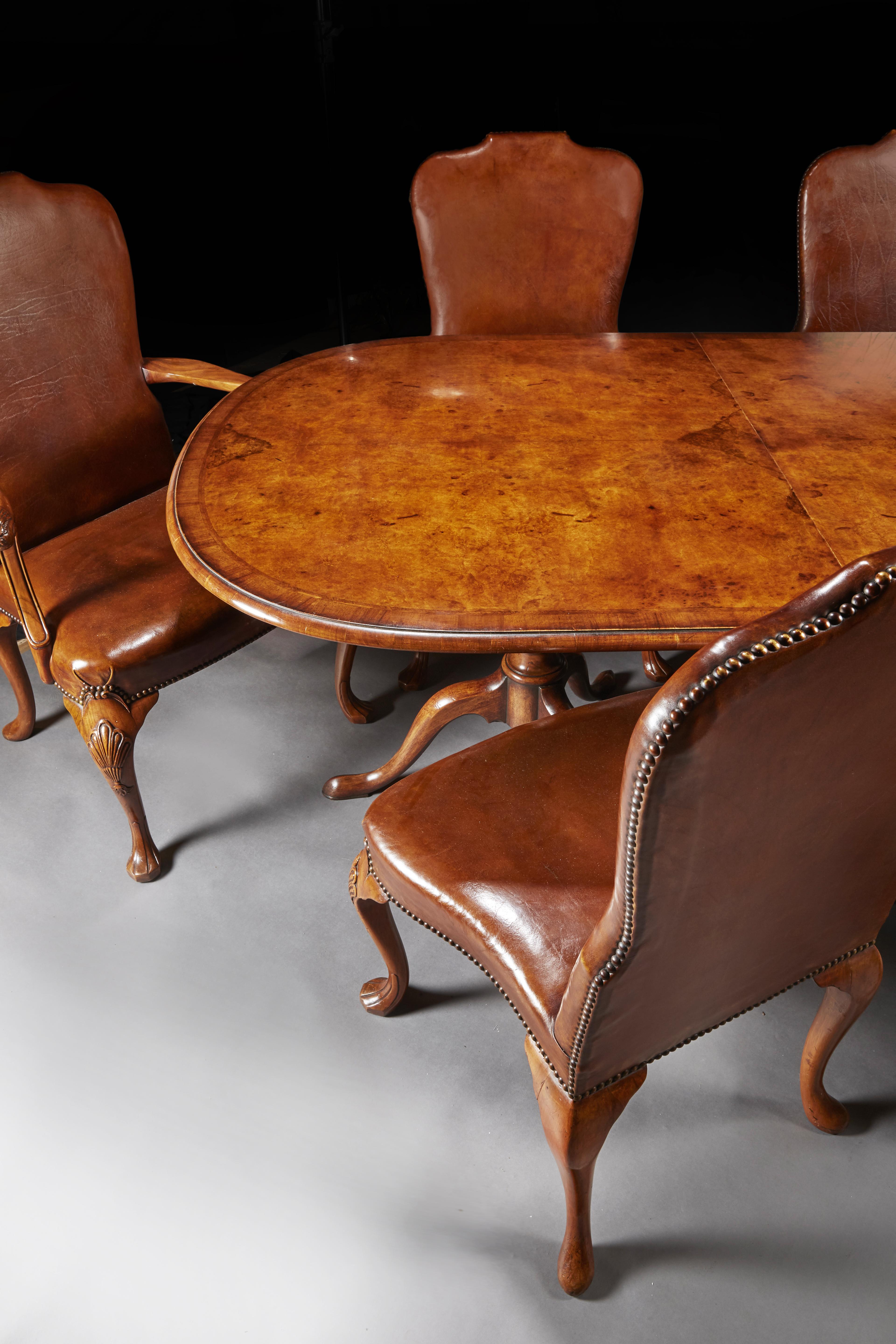 British Antique Early 20th Century Walnut Dining Table Set with 8 Leather Chairs