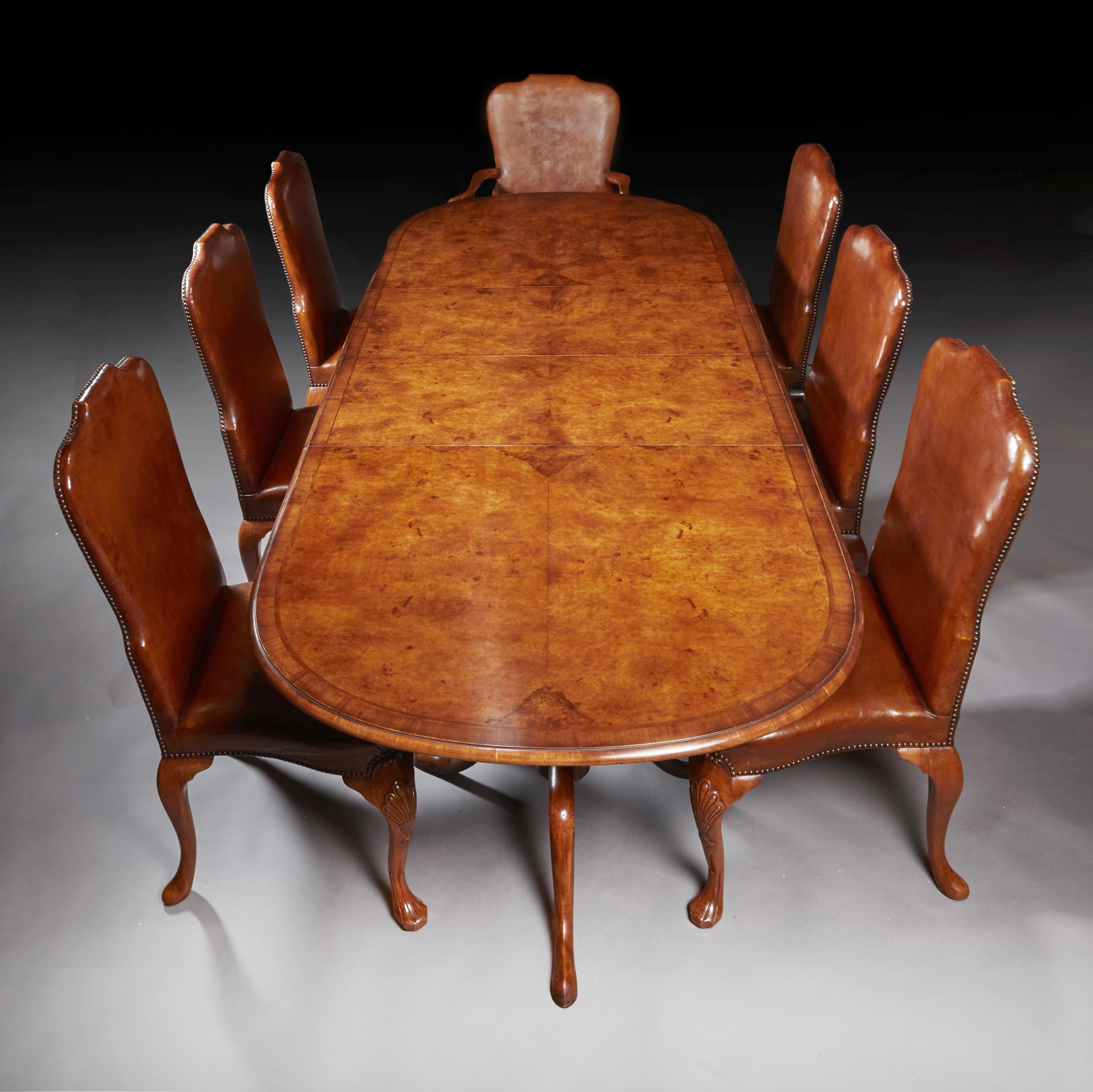 Antique Early 20th Century Walnut Dining Table Set with 8 Leather Chairs 1