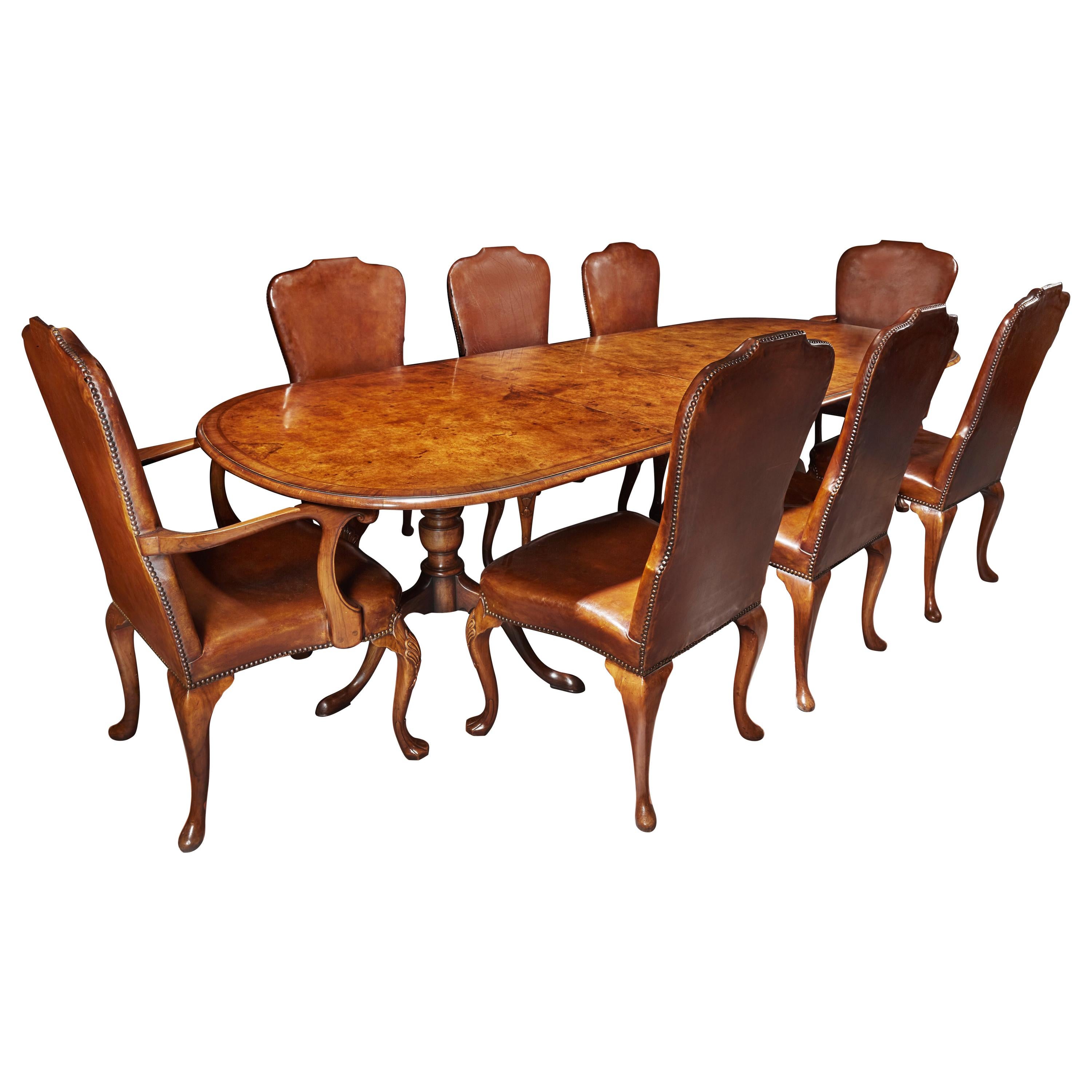 Antique Early 20th Century Walnut Dining Table Set with 8 Leather Chairs