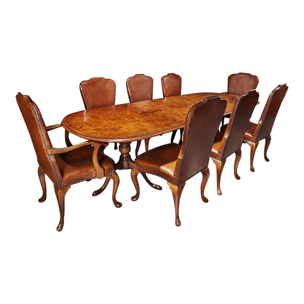 Antique Early 20th Century Walnut Dining Table Set with 8 Leather Chairs
