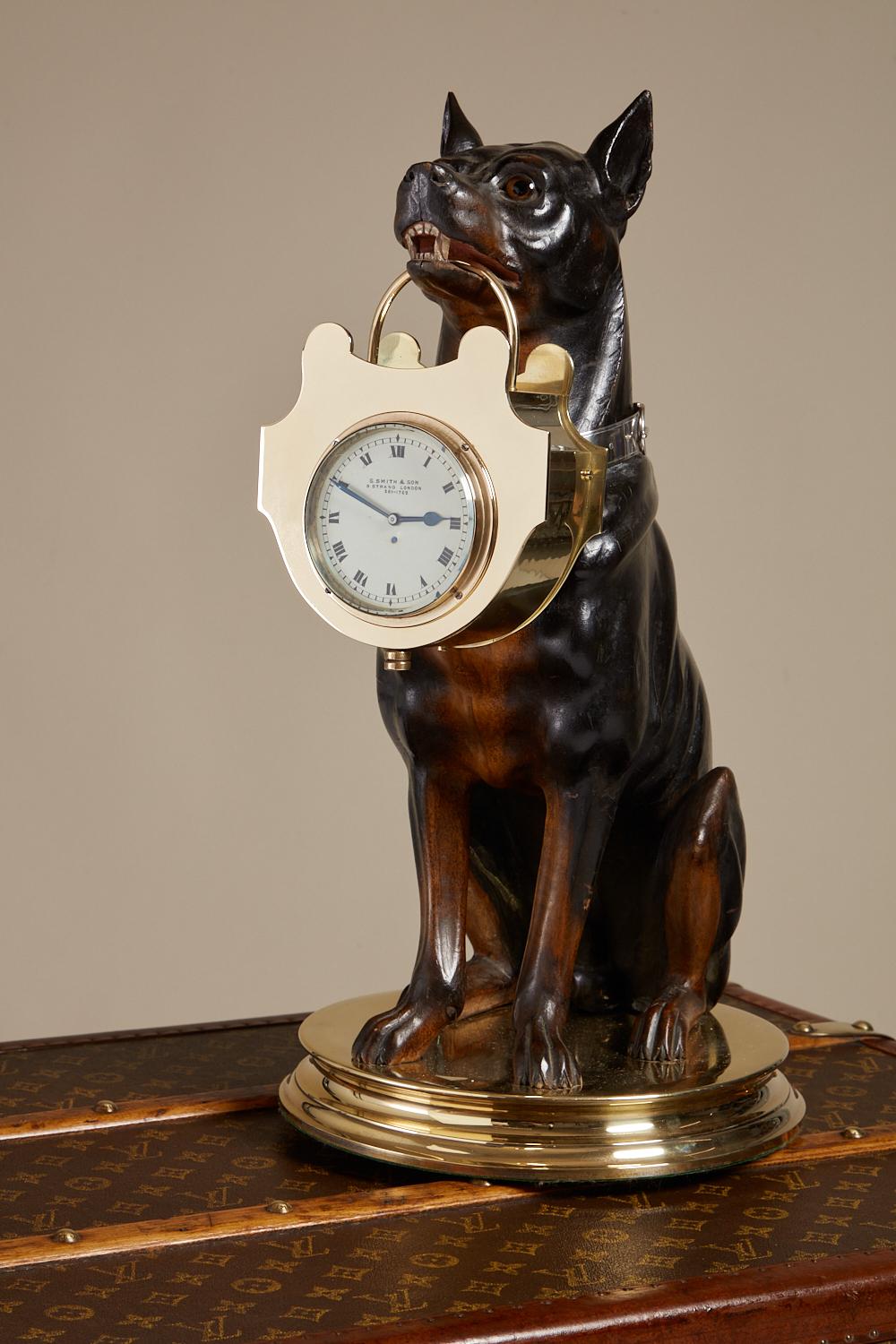 Walnut Antique Early 20th Century Wood Carving Dog Carrying a Clock France Circa 1900 For Sale