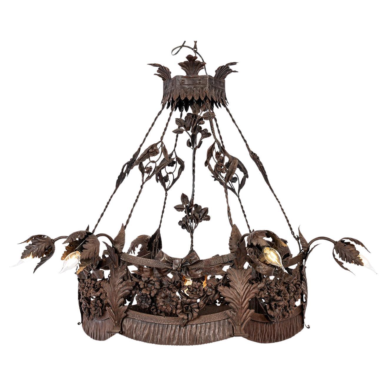 antiguo  araña art nouveau de acero patinado forjado de principios del siglo xx