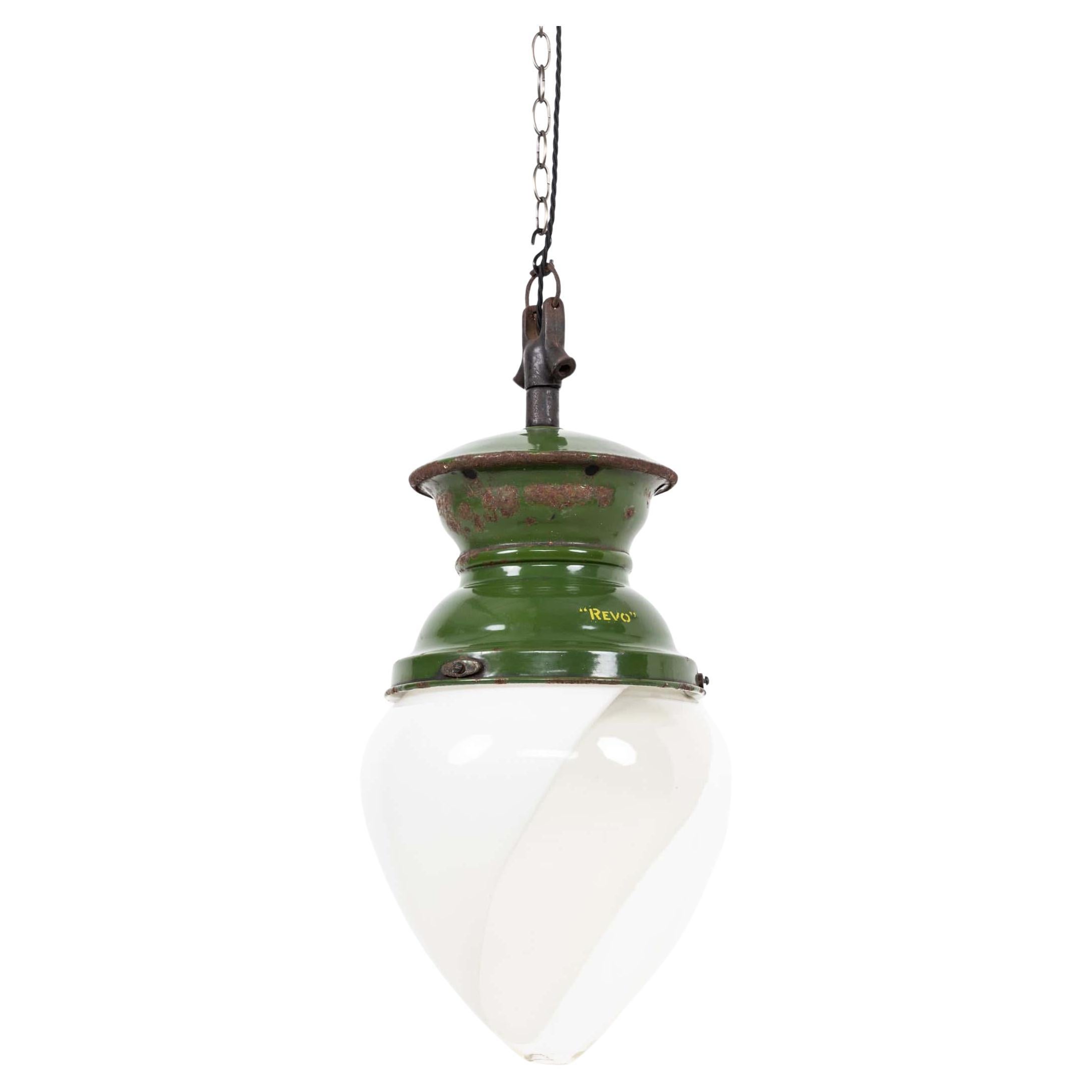 Antique Early 20th REVO Enamel Two-Tone Opaline Glass Pendant Light, C.1930