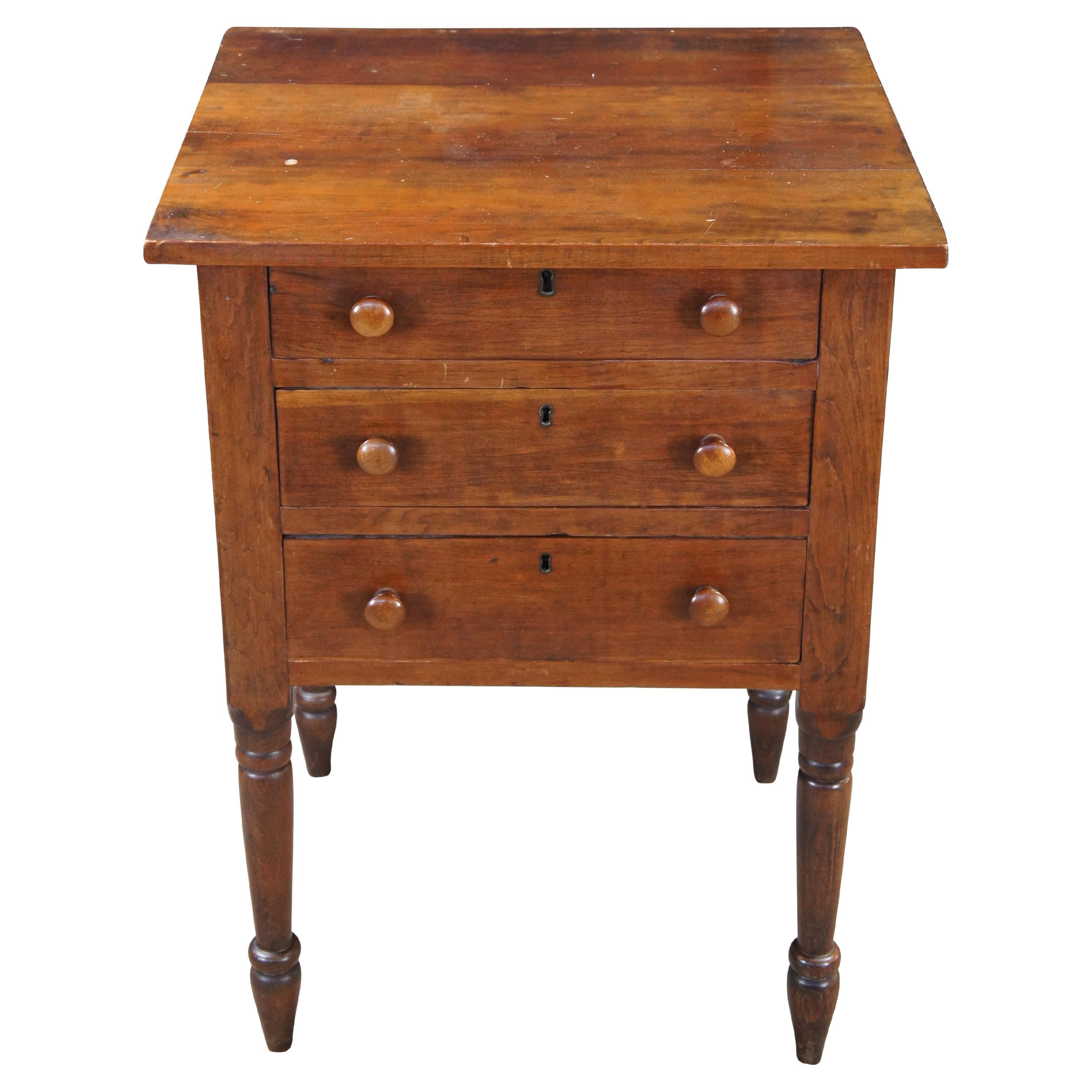 Antique Early American Cherry Three Drawer Silver Chest Side Table Stand 31" For Sale