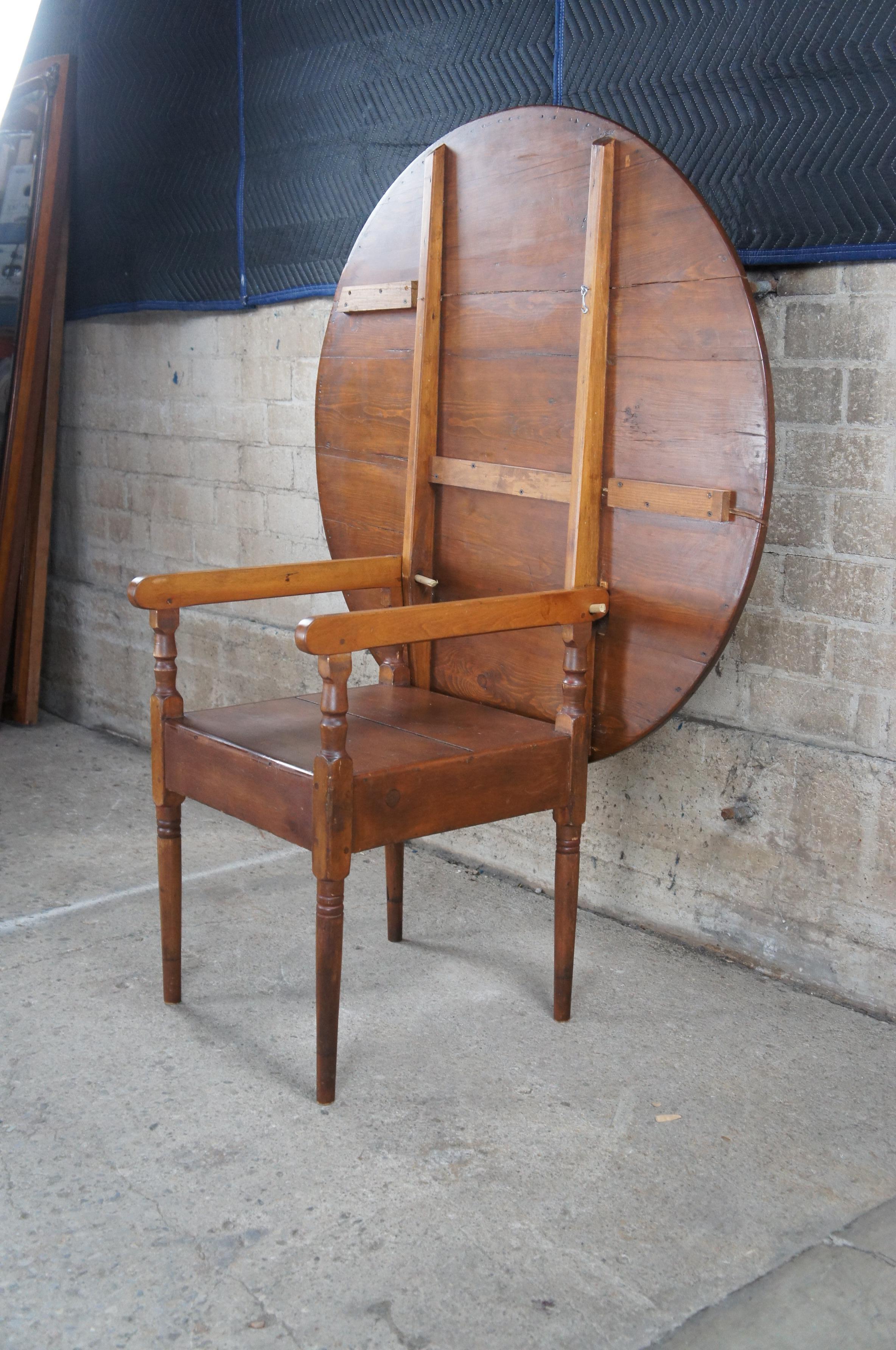 Antique Early American Colonial Pine Round Tilt Top Tavern Table Chair Bench In Good Condition In Dayton, OH