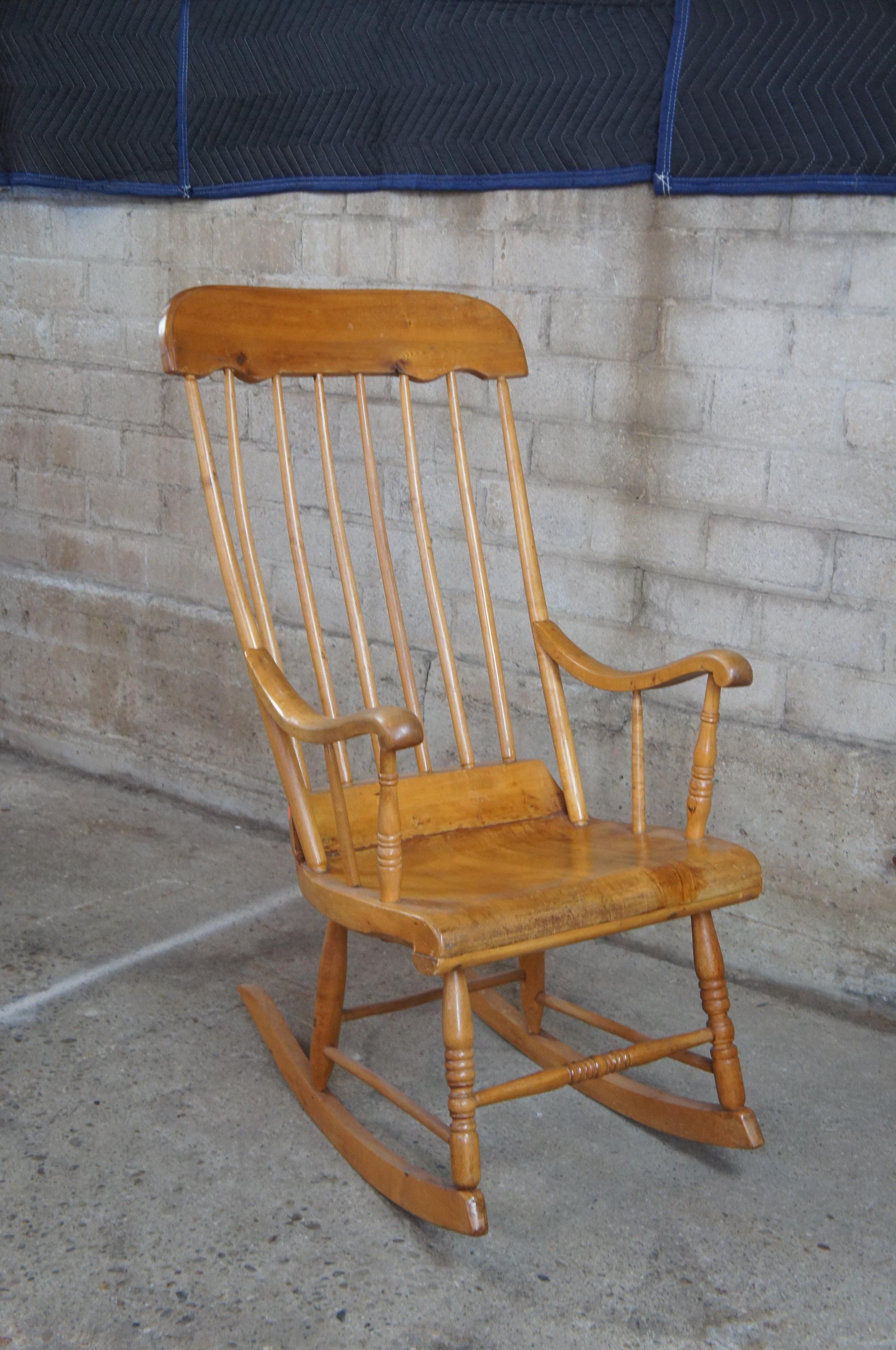 American Colonial Antique Early American Country Farmhouse Pine Spindle Back Rocking Chair