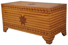 Antique Early American Folk Art Pine Parquetry Star Dowry Blanket Chest Trunk