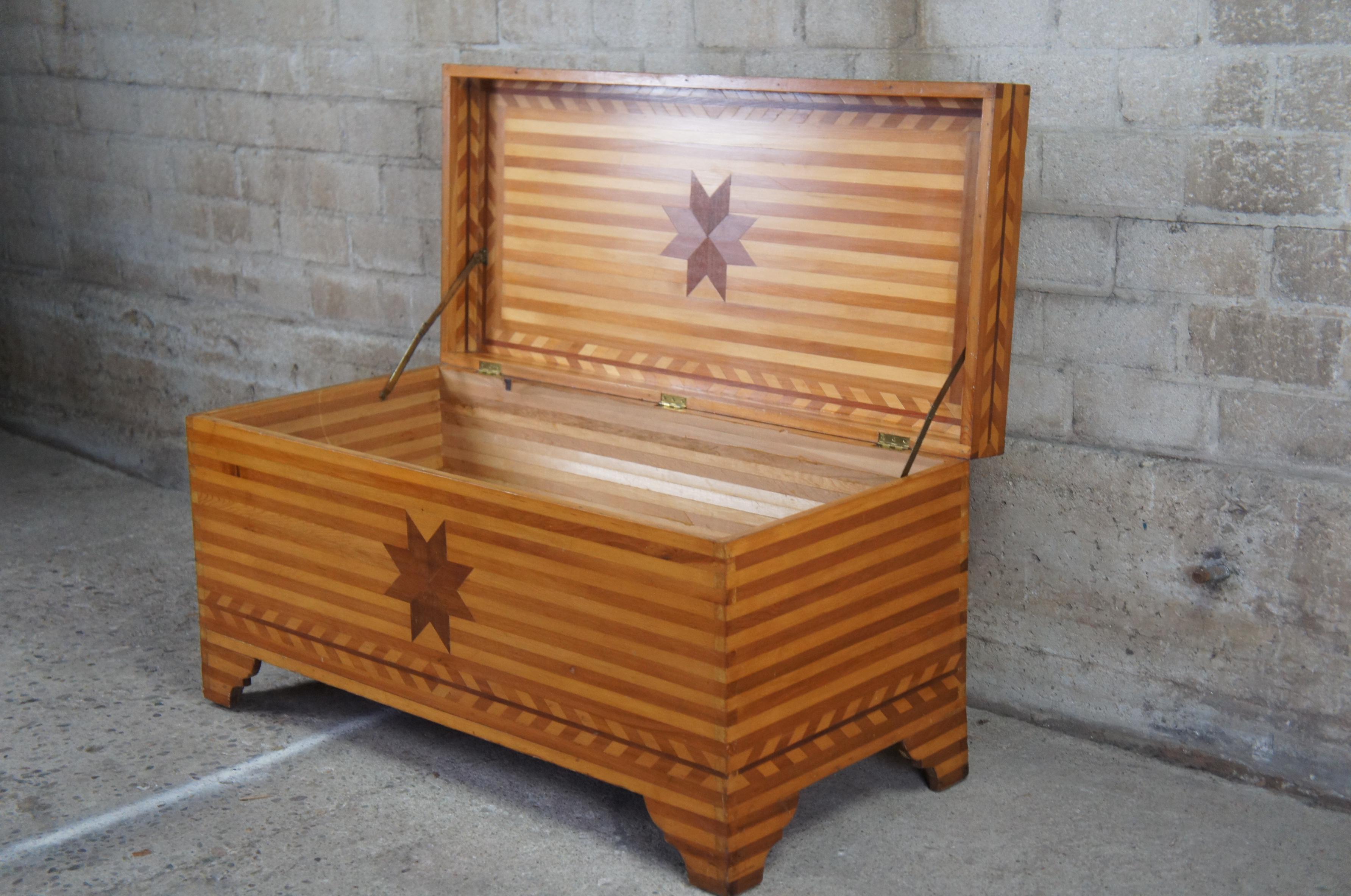 20th Century Antique Early American Folk Art Pine Parquetry Star Dowry Blanket Chest Trunk