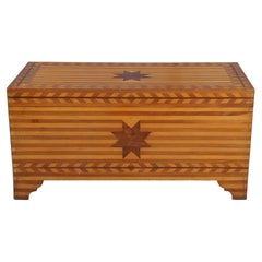 Used Early American Folk Art Pine Parquetry Star Dowry Blanket Chest Trunk