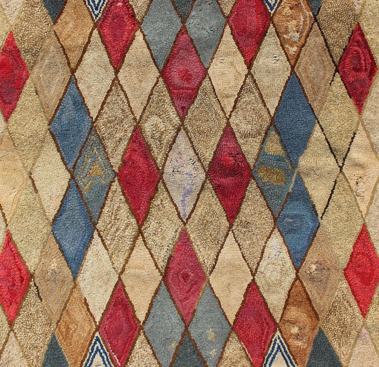 Antique Early American Hooked Rug in Diamond Design in Multi Colors For