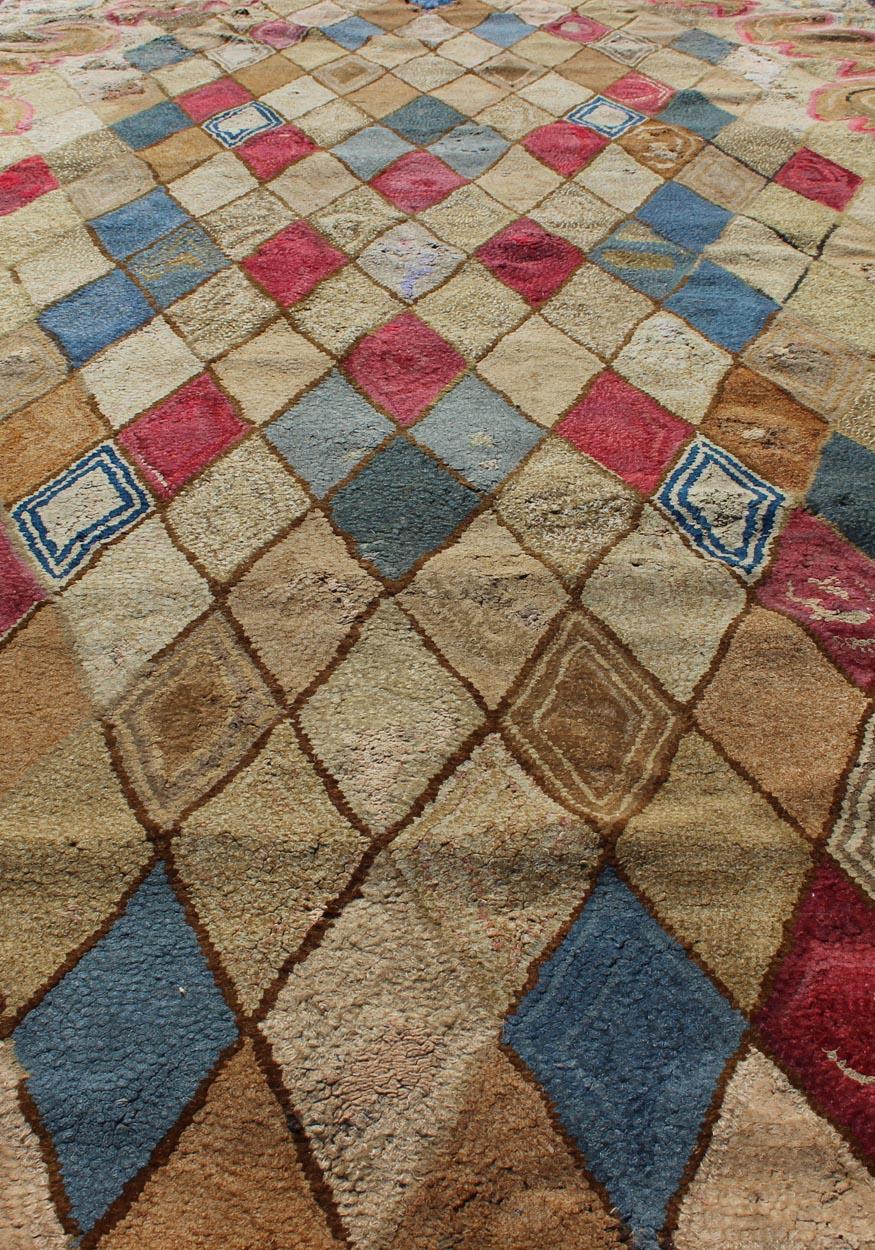 20th Century Colorful 19th Century Antique American Hooked Rug with Diamond Design For Sale