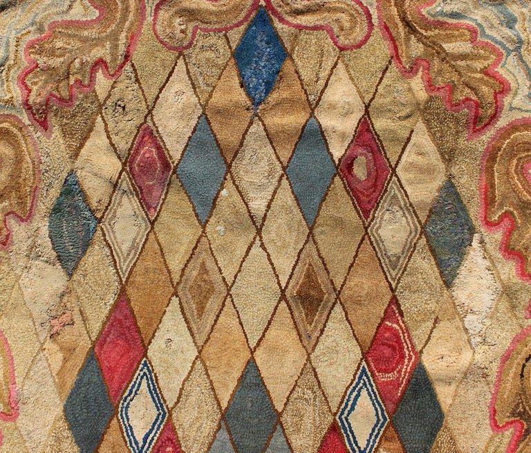 Antique Early American Hooked Rug in Diamond Design in Multi Colors For