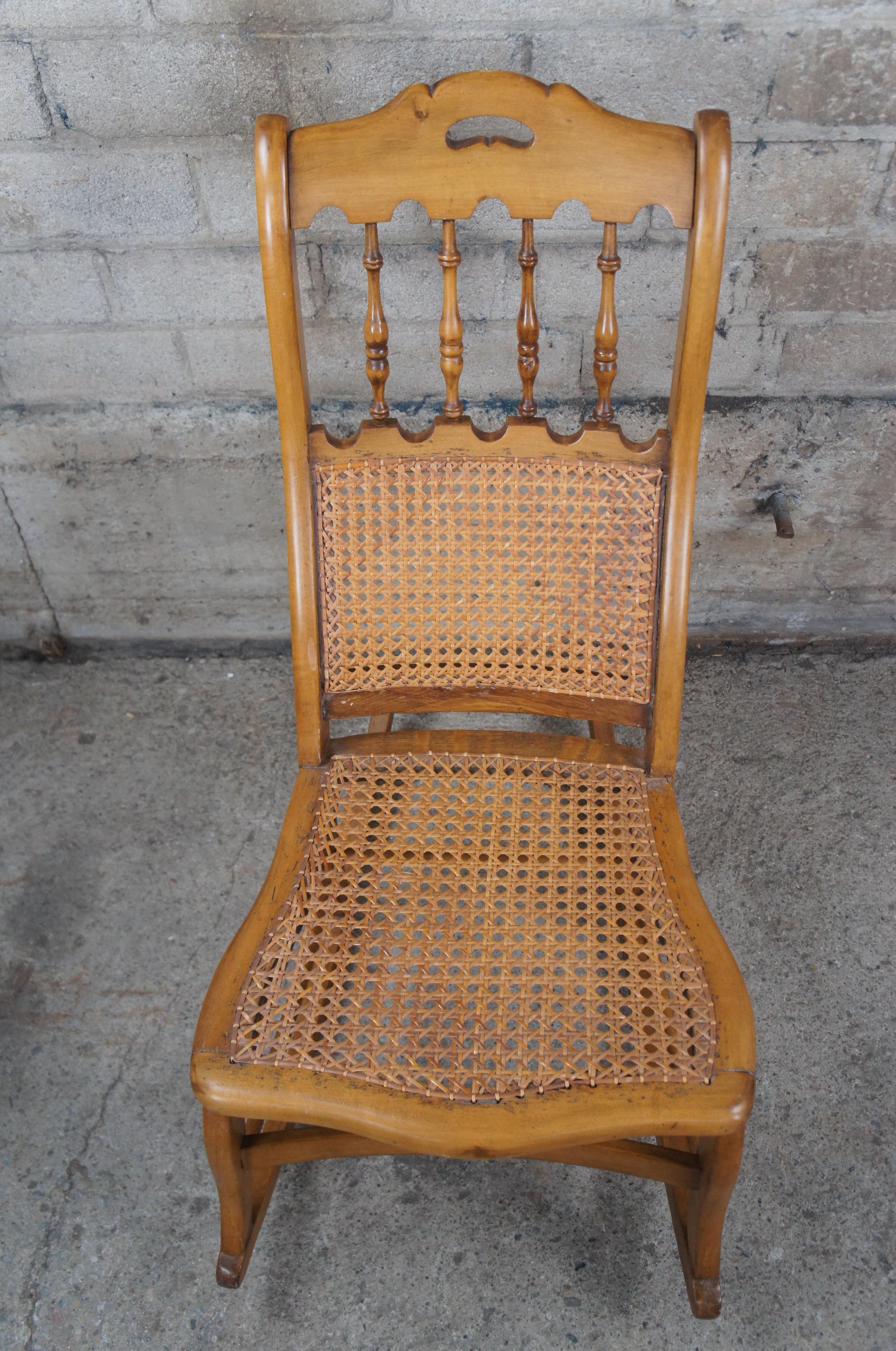 Antique Early American Maple Spindle Back Rocking Chair Cane Seat Petite Rocker For Sale 2