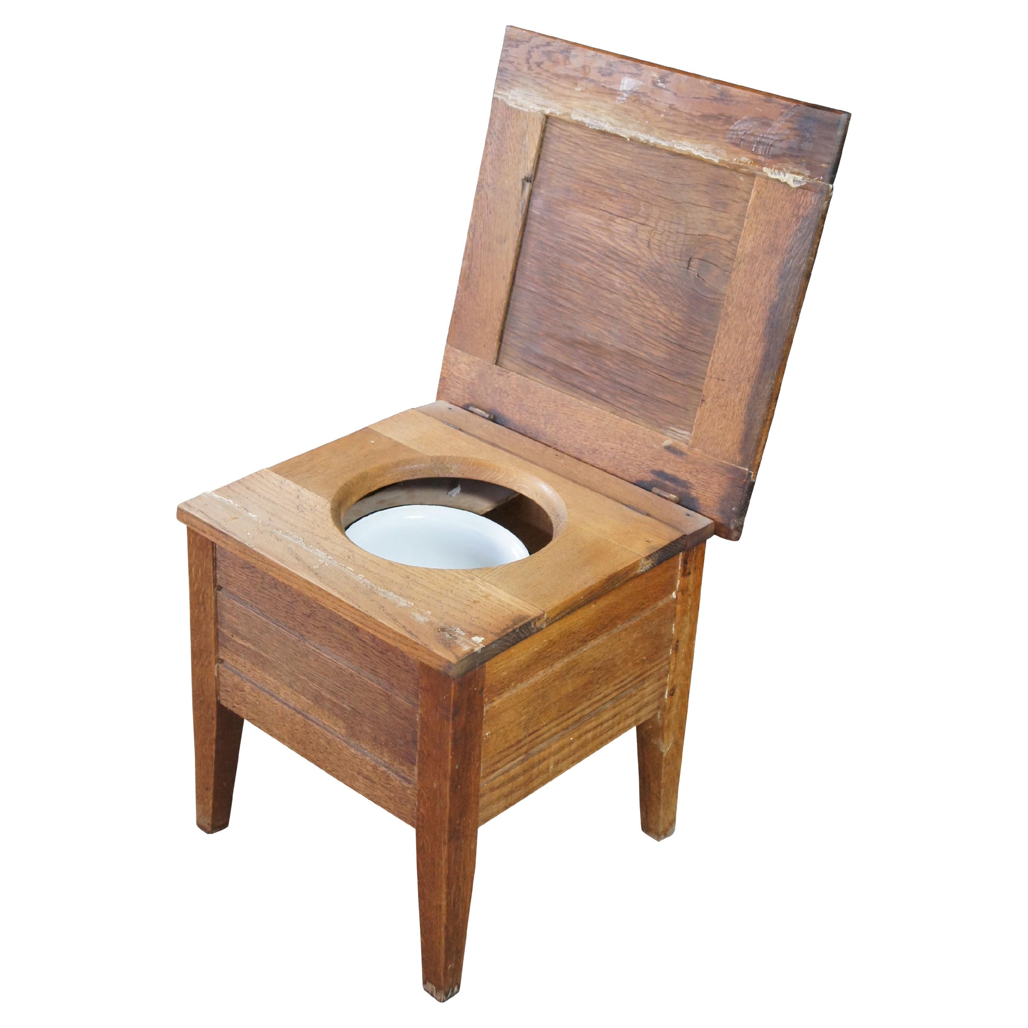 Antique Early American Primitive Oak Chamber Pot Commode Toilet Step Stool For Sale