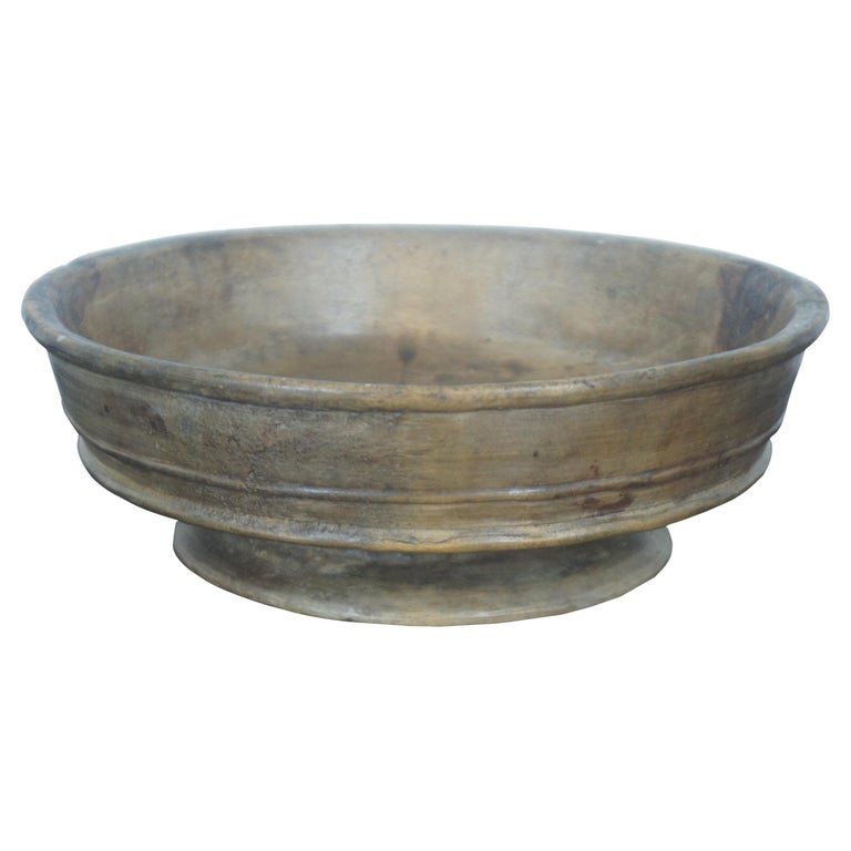 Antique Early American Primitive Turned Wood Footed Dough Bowl
