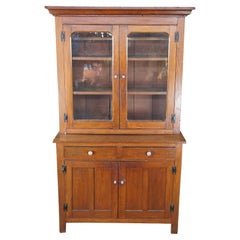 Antique Early American Stepback Farmhouse Oak Kitchen Cupboard Display Cabinet