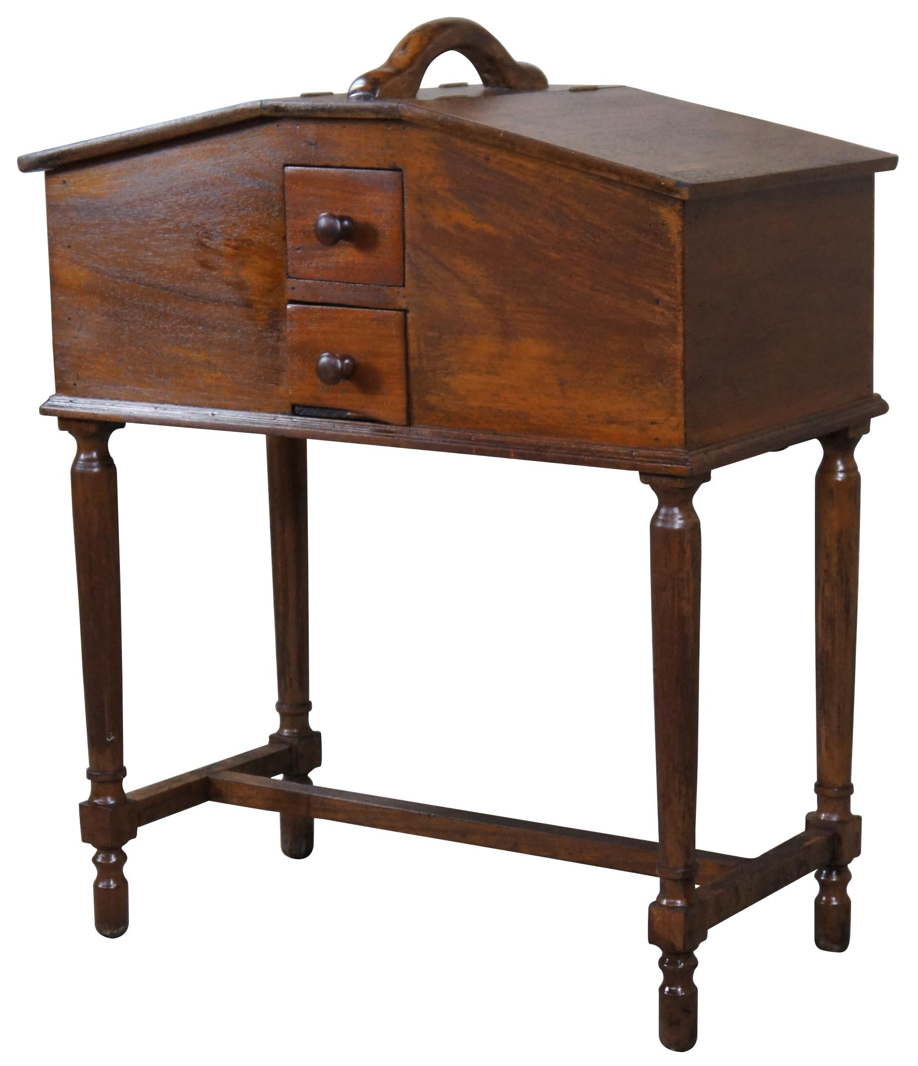 American Colonial Antique Early American Style Walnut Standing Sewing Box Lidded Cabinet Table