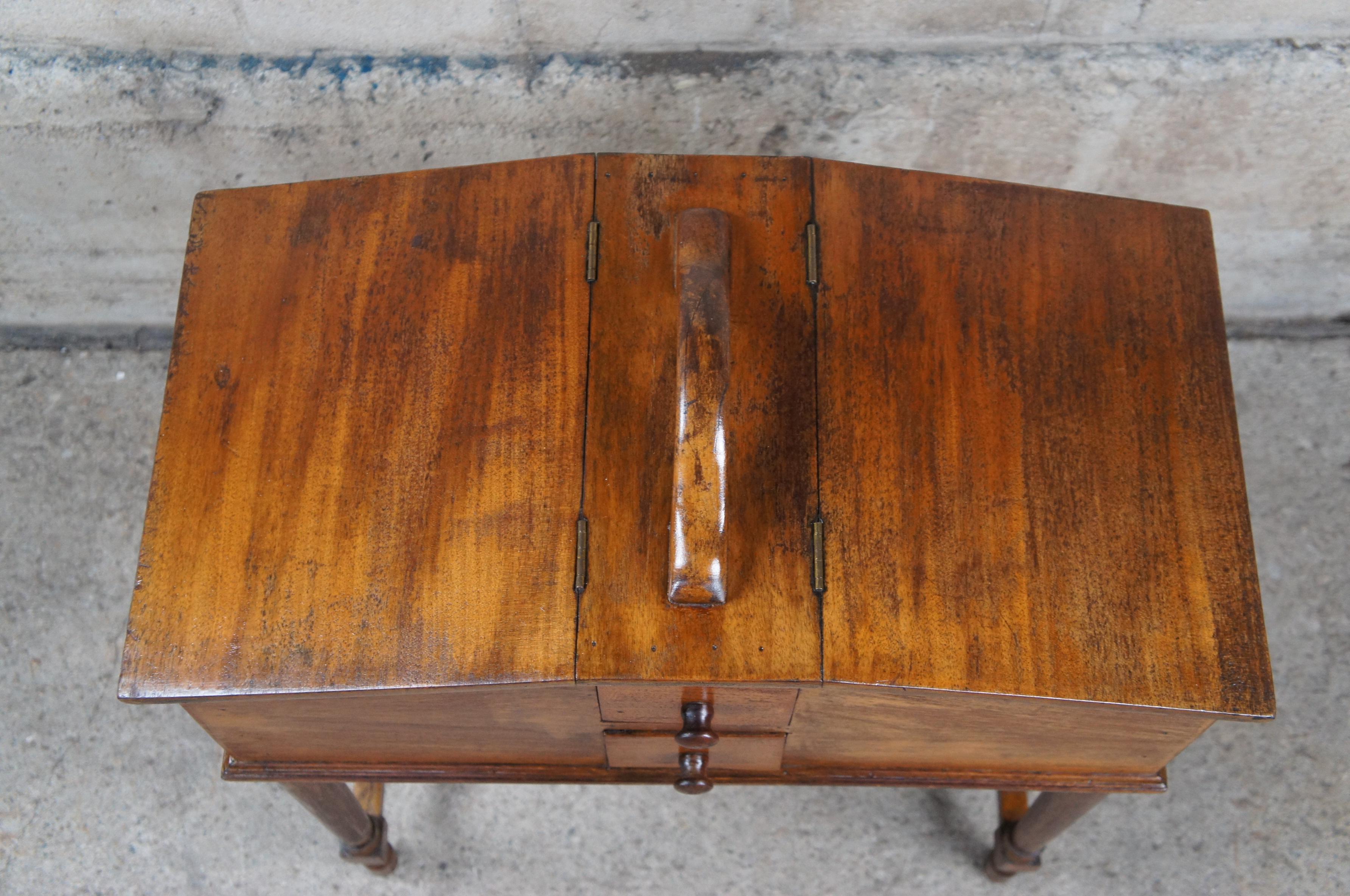 Antique Early American Style Walnut Standing Sewing Box Lidded Cabinet Table In Good Condition In Dayton, OH
