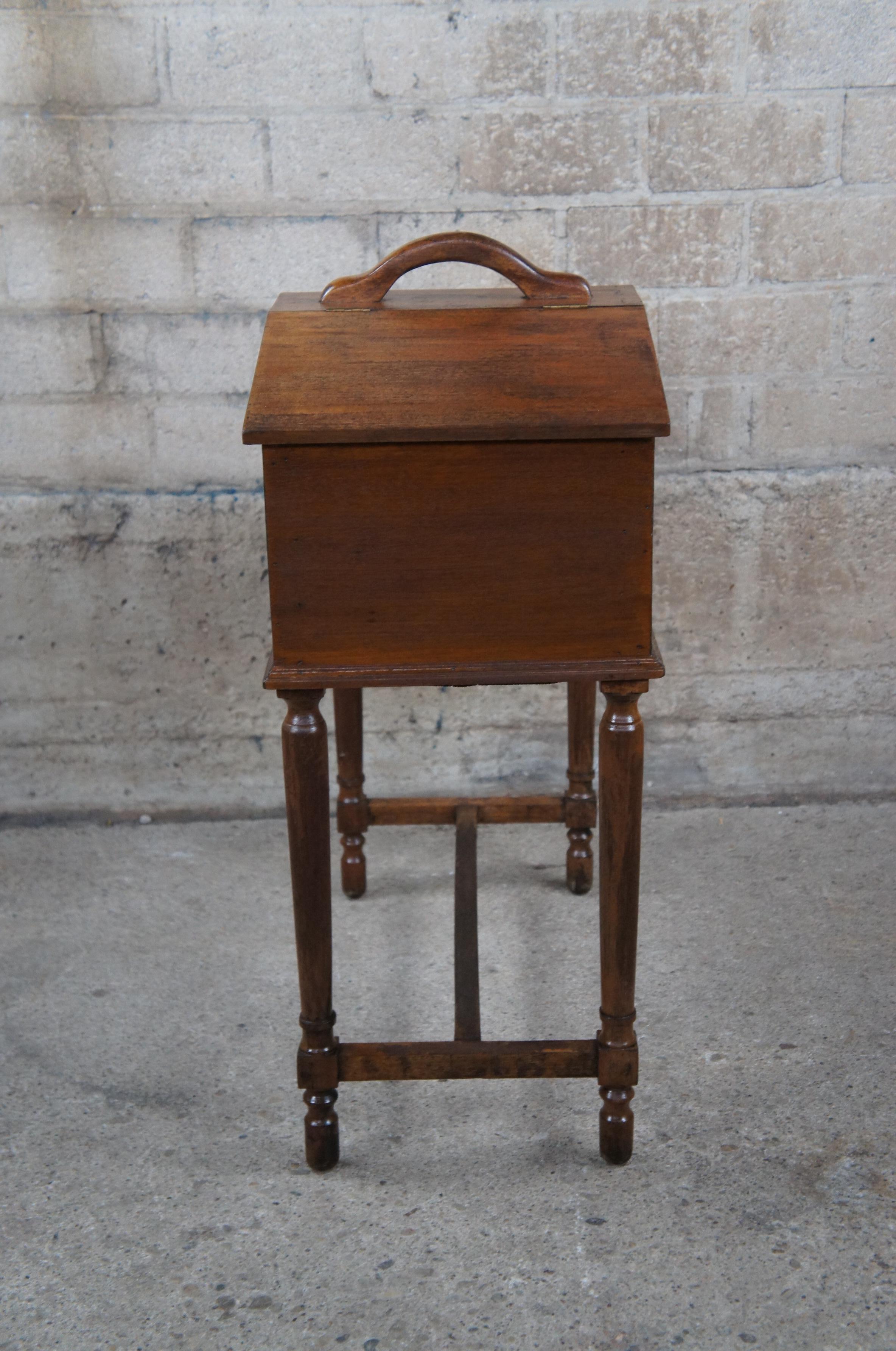 Antique Early American Style Walnut Standing Sewing Box Lidded Cabinet Table 4