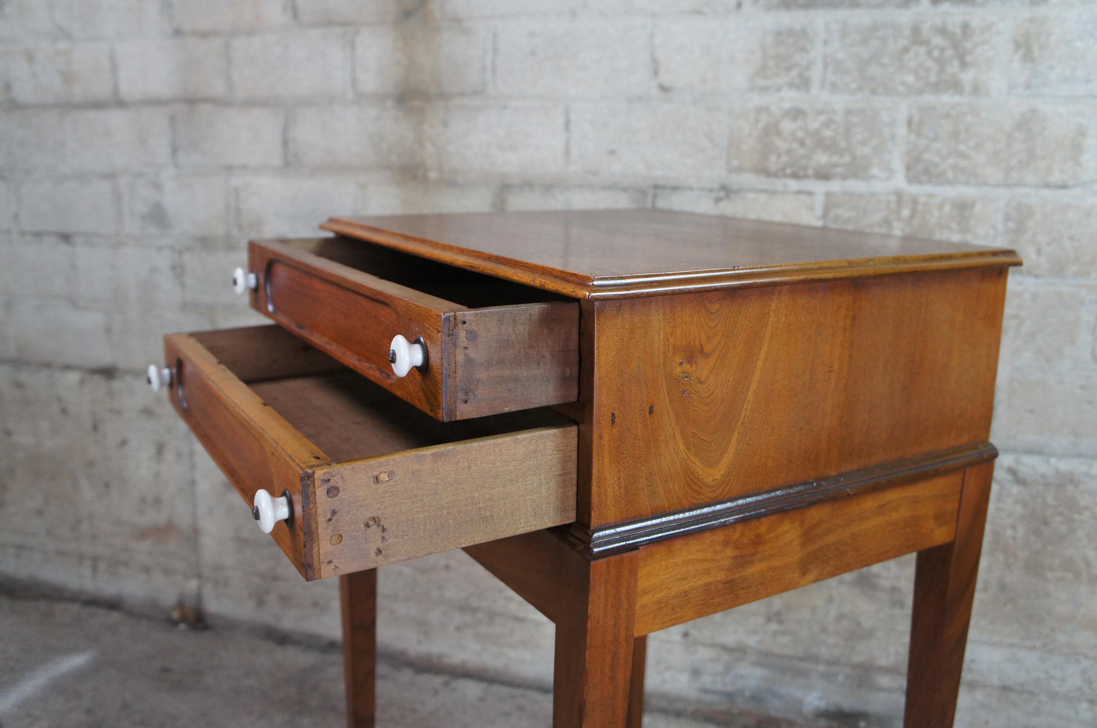 American Colonial Antique Early American Walnut 2 Drawer Spool Sewing Cabinet Side Table Stand