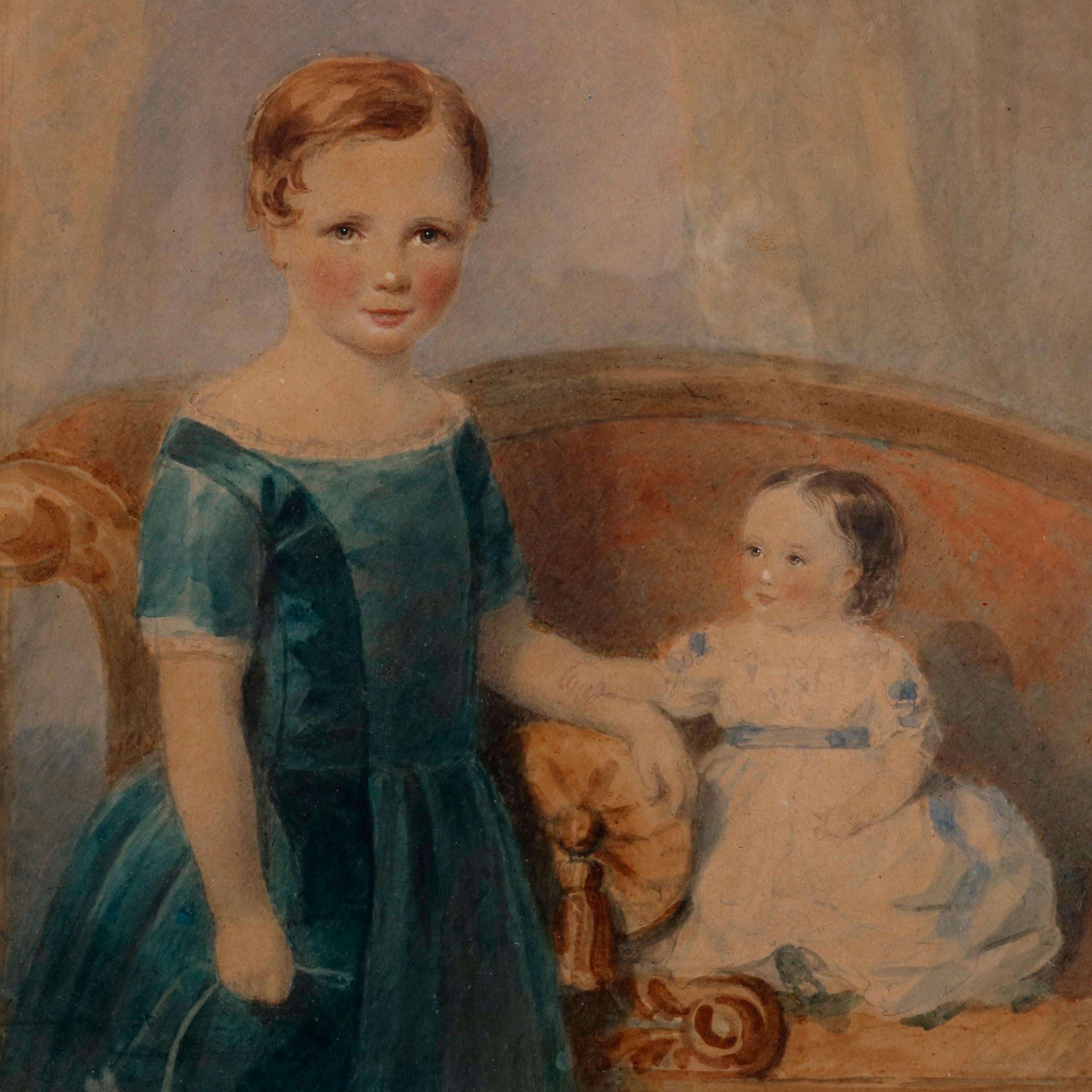 An early American watercolor portrait painting depicts a young siblings in parlor setting 