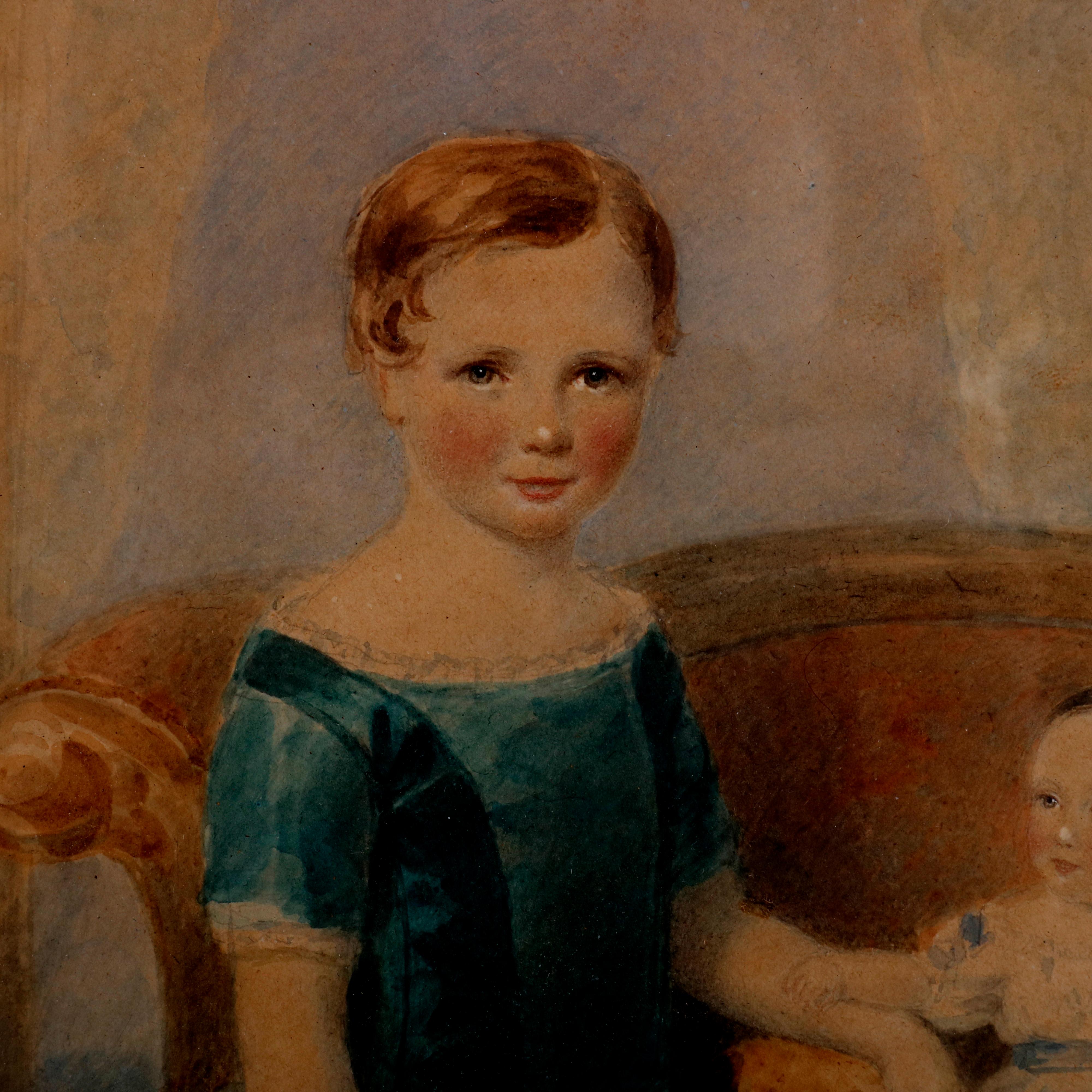 Early Victorian Early American Watercolor Portrait Painting of Child Siblings, circa 1840