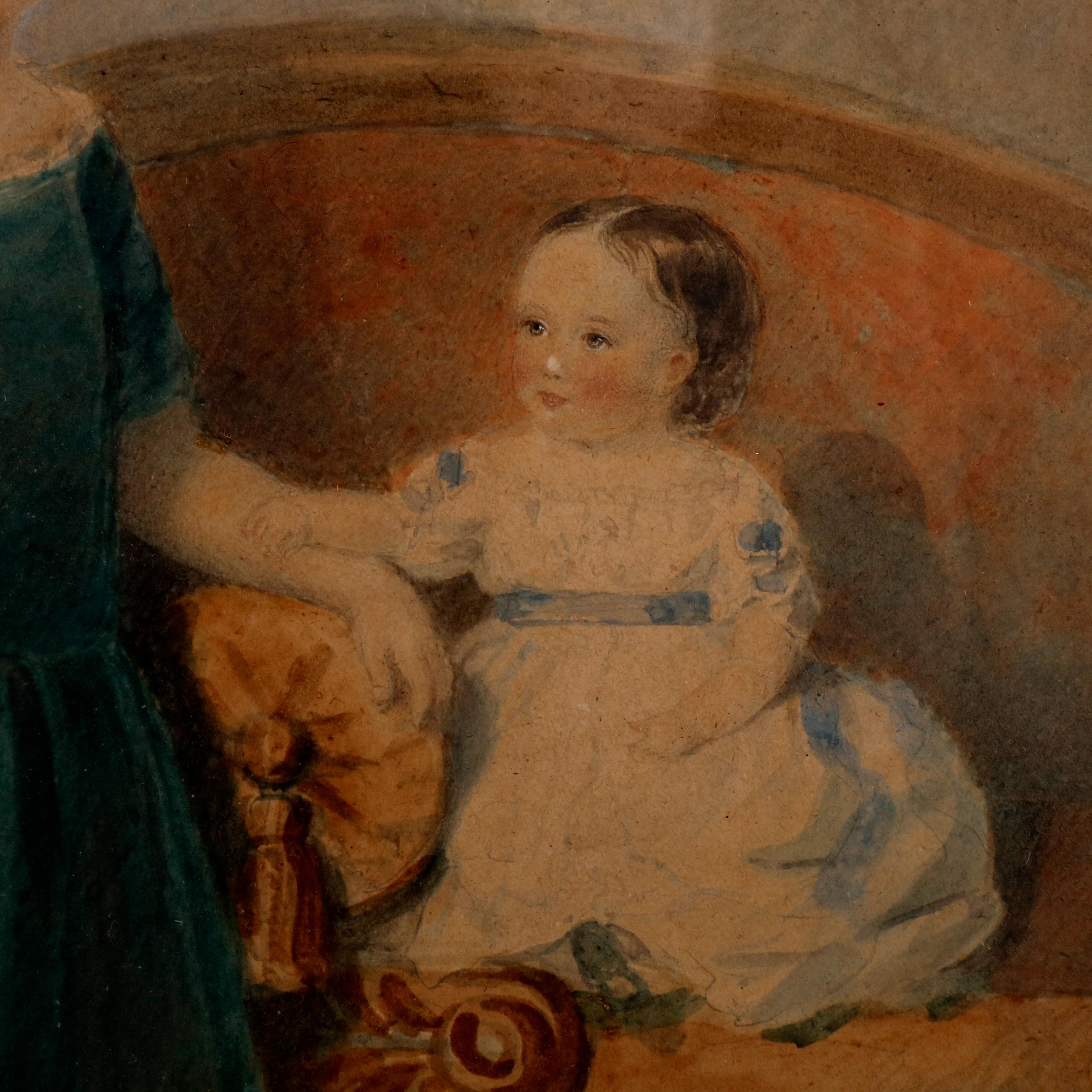 Gilt Early American Watercolor Portrait Painting of Child Siblings, circa 1840