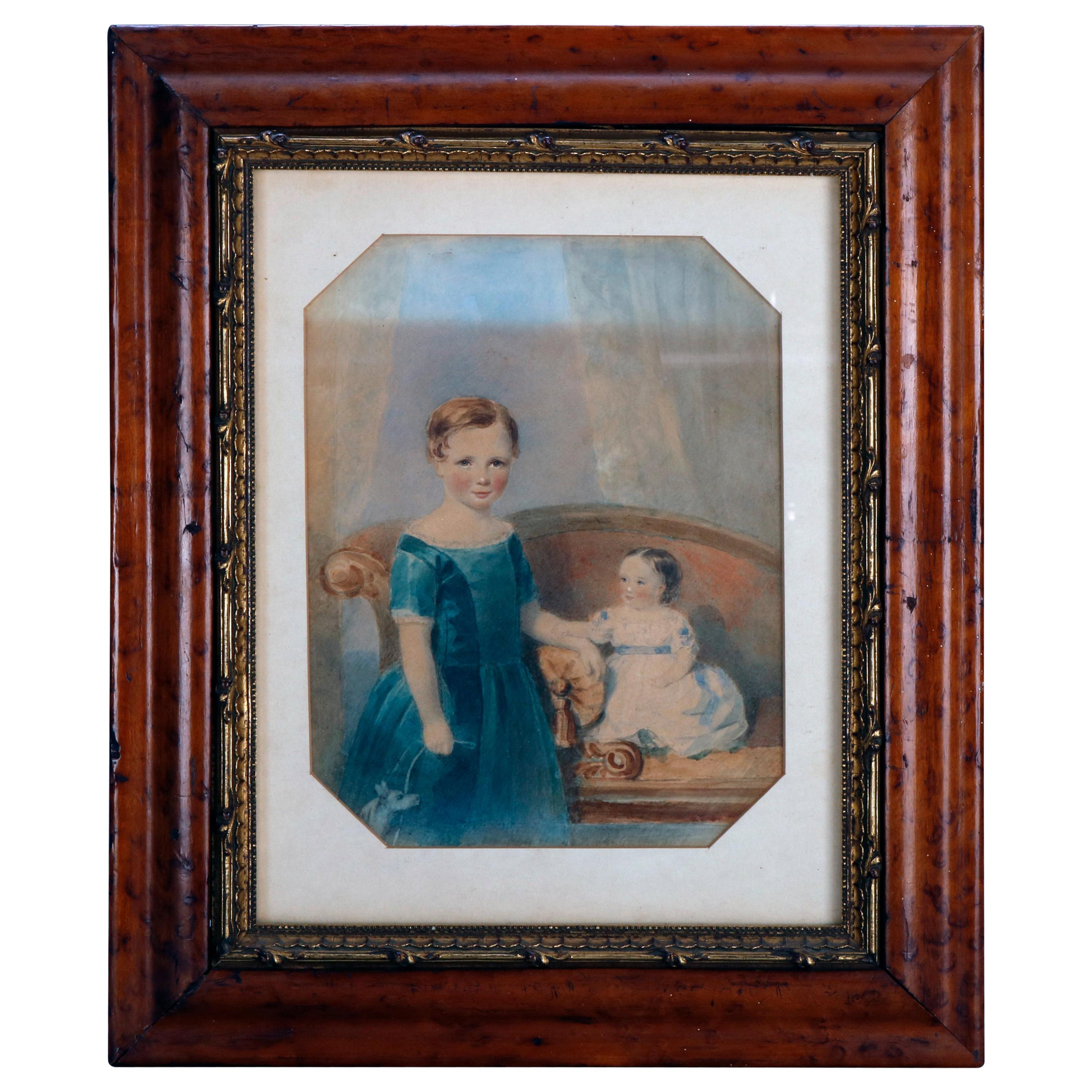 Early American Watercolor Portrait Painting of Child Siblings, circa 1840