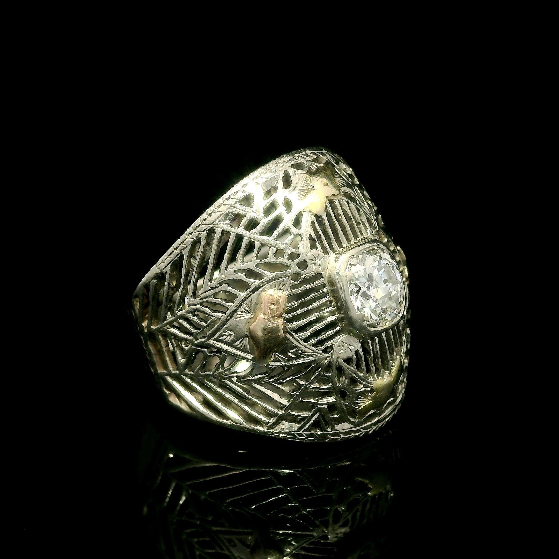 Antiquities Early Art Deco 14k Gold .60ct Diamond Filigree Wide Cigar Band Ring Pour femmes en vente