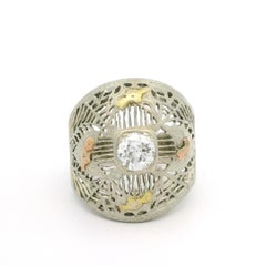Antiquities Early Art Deco 14k Gold .60ct Diamond Filigree Wide Cigar Band Ring