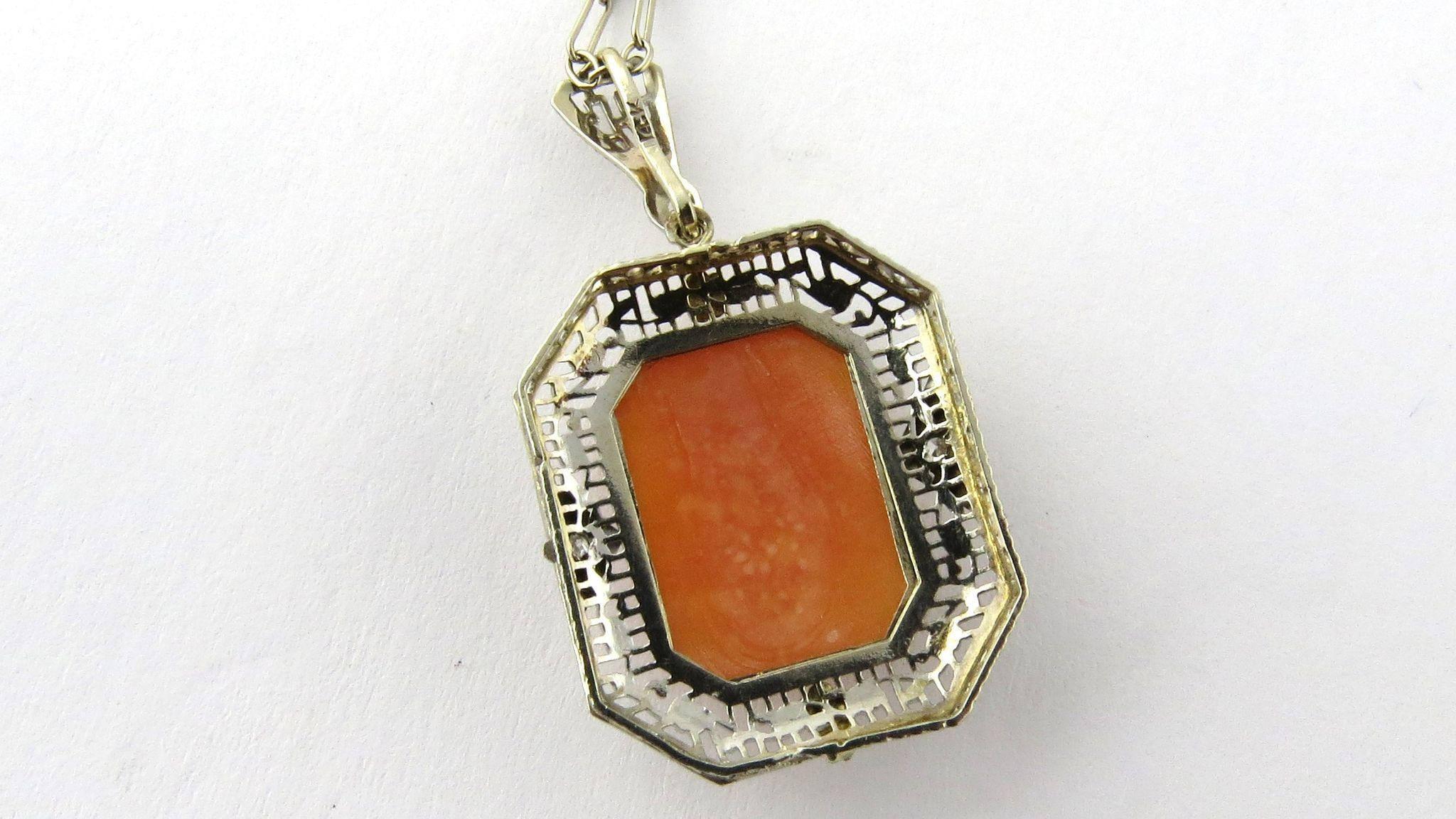 Women's Antique Early Art Deco 14K White and Yellow Gold Filigree Cameo Pendant w/ Chain