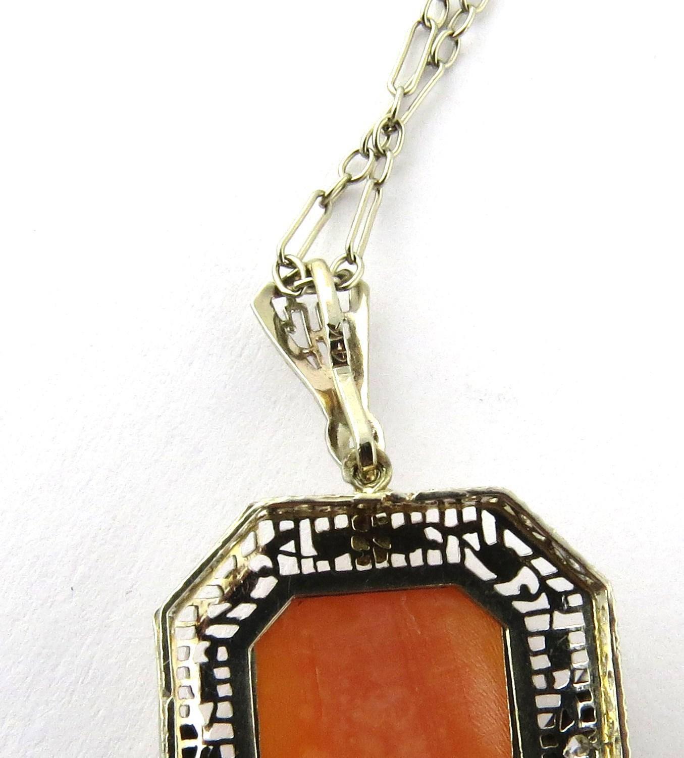 Antique Early Art Deco 14K White and Yellow Gold Filigree Cameo Pendant w/ Chain 1