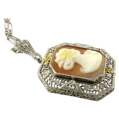 Antique Early Art Deco 14K White and Yellow Gold Filigree Cameo Pendant w/ Chain