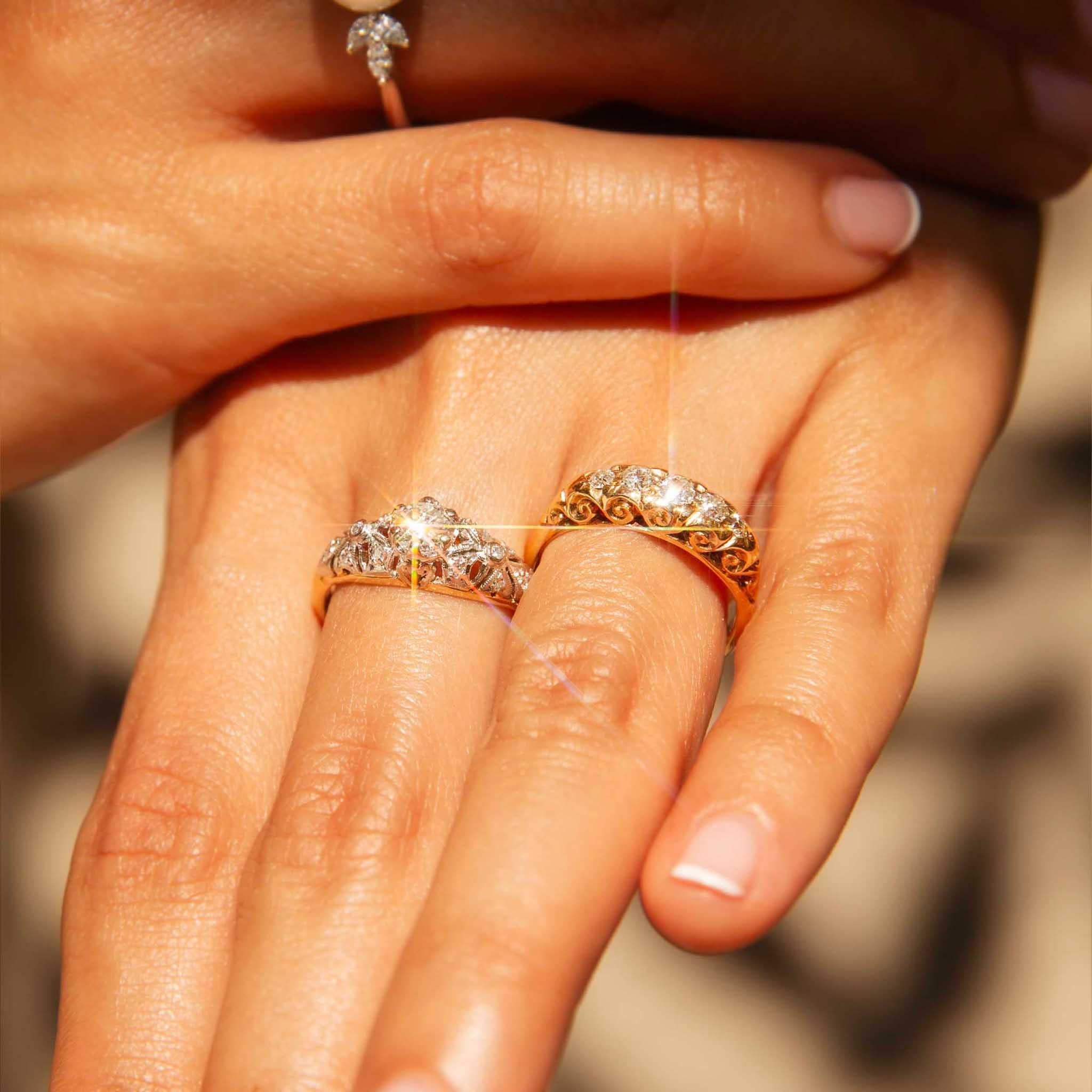 An early Australian vintage beauty, the Shai Ring is set with a graceful row of old-cut diamonds crafted in 18 carat yellow gold, each shimmering with unique character and timeless brilliance. Her intricate gold setting, featuring delicate filigree