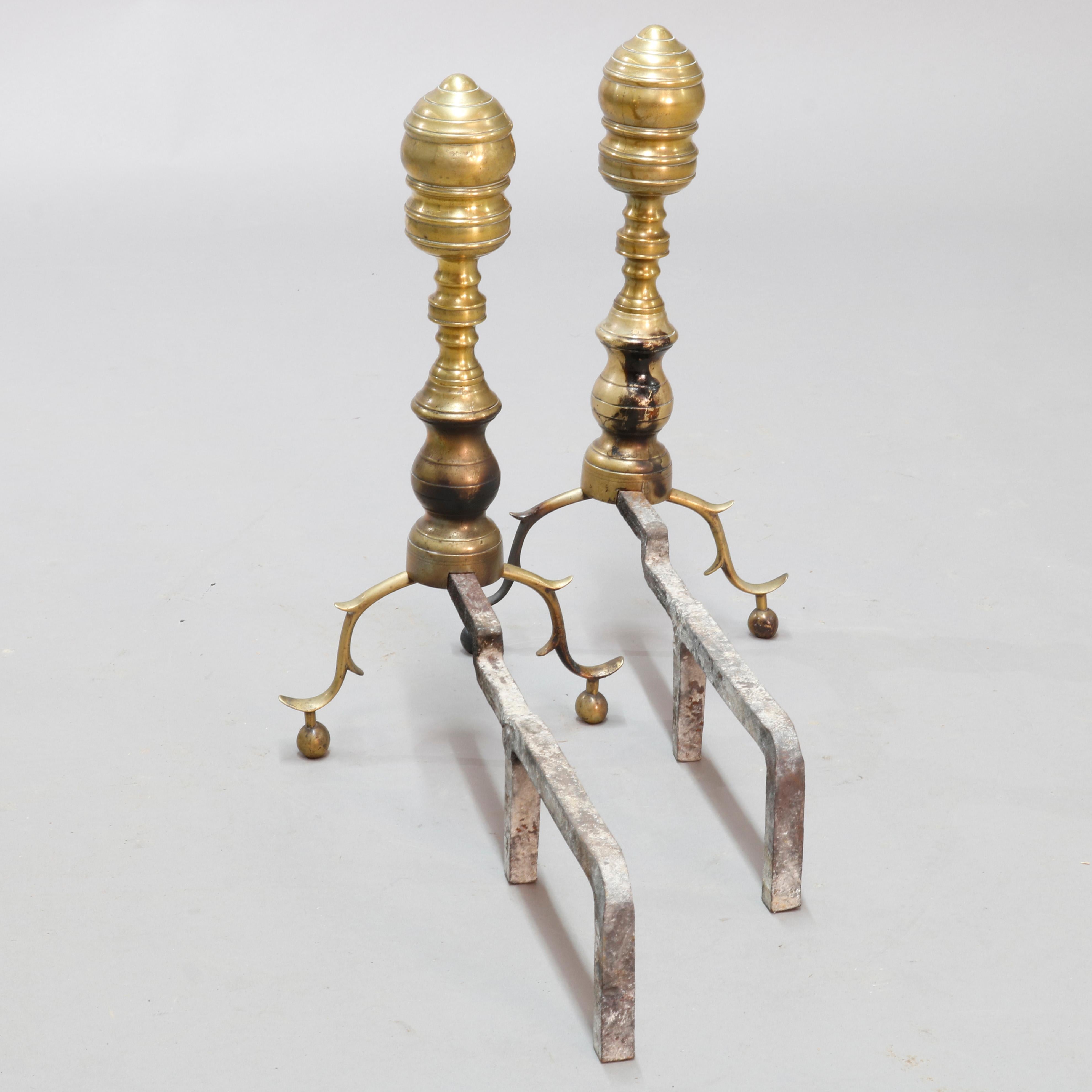 English Antique Early British Colonial Brass Hand Forged Beehive Andirons, circa 1800