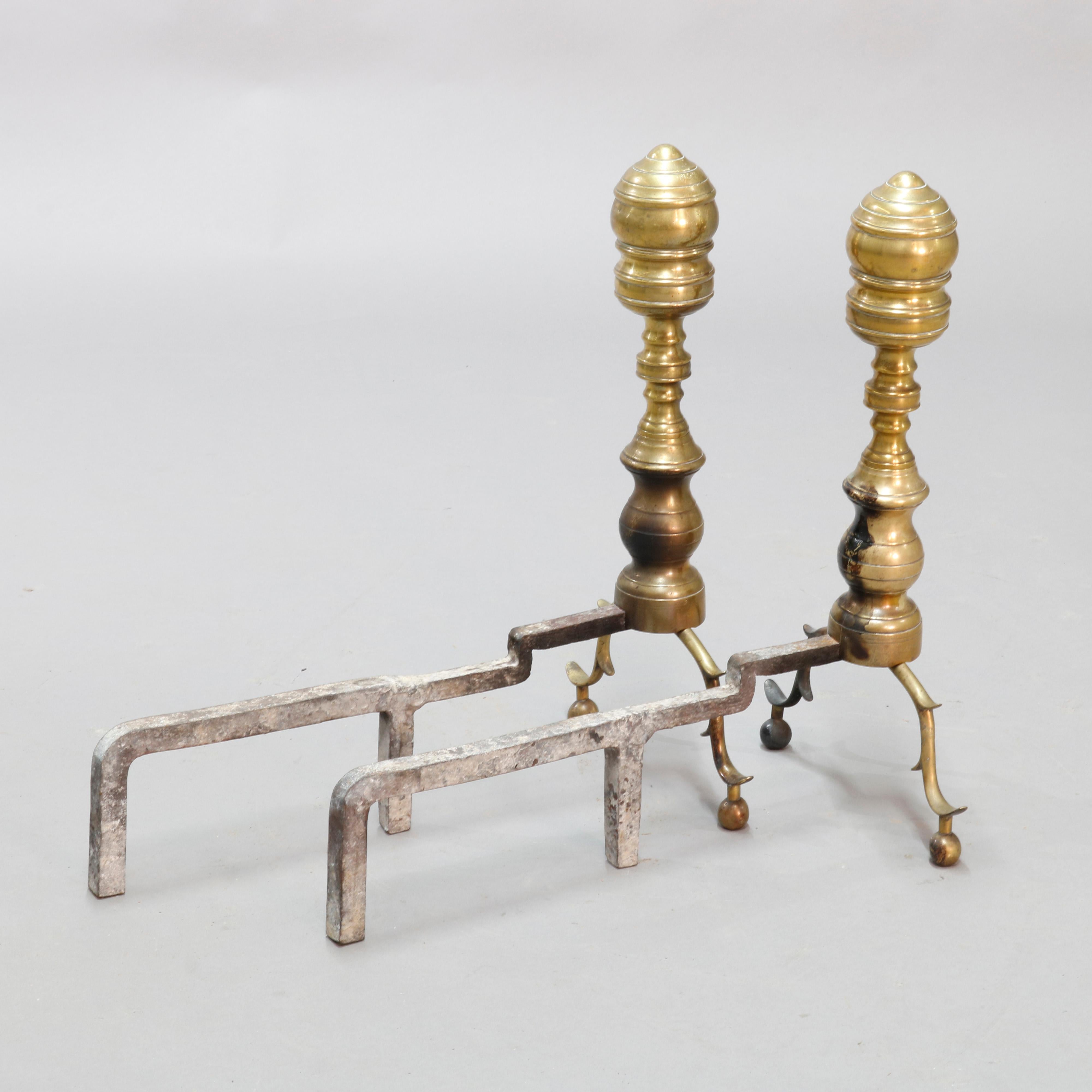 Hand-Crafted Antique Early British Colonial Brass Hand Forged Beehive Andirons, circa 1800